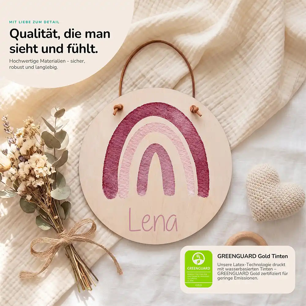 Türschild Kinderzimmer Regenbogen, Detailansicht von Holz und Farbdruck