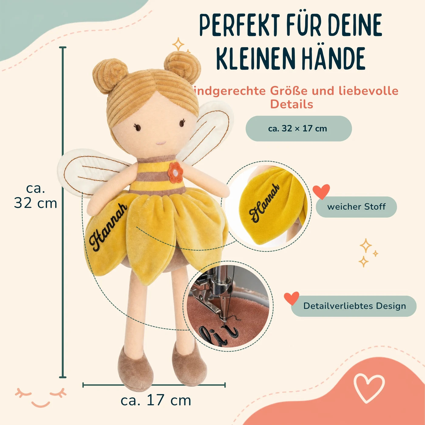 Jollein Stoffpuppe Fee Honig, kindgerechte Größe ca. 32 x 17 cm mit Stickerei-Detail