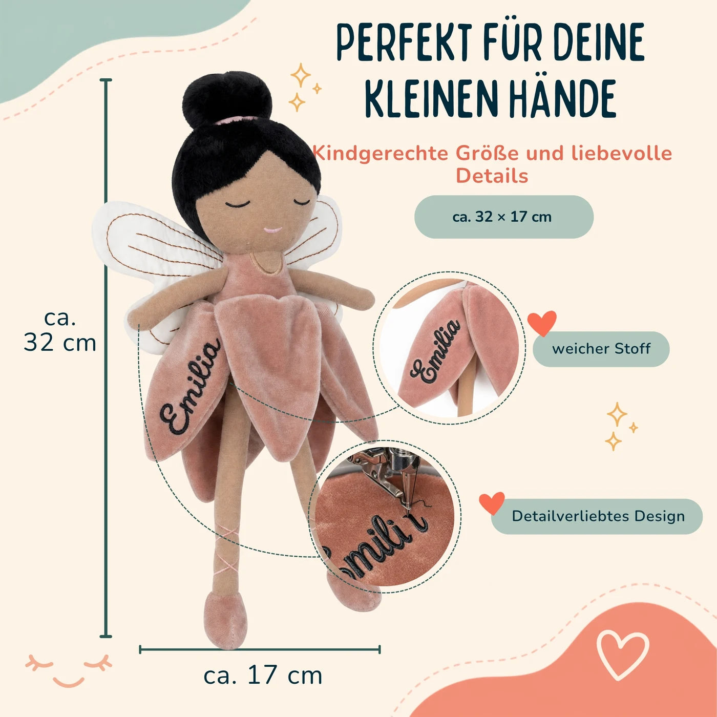 Jollein Stoffpuppe Fee Rosé, kindgerechte Größe ca. 32 x 17 cm mit Stickerei-Detail