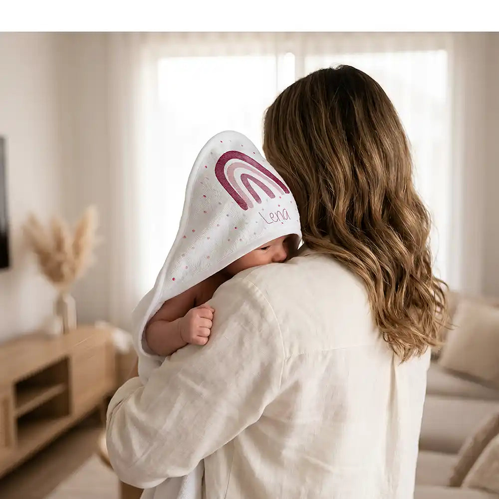 Personalisiertes Kapuzenhandtuch Baby Boho-Regenbogen – Kuscheln nach dem Bad mit Mama