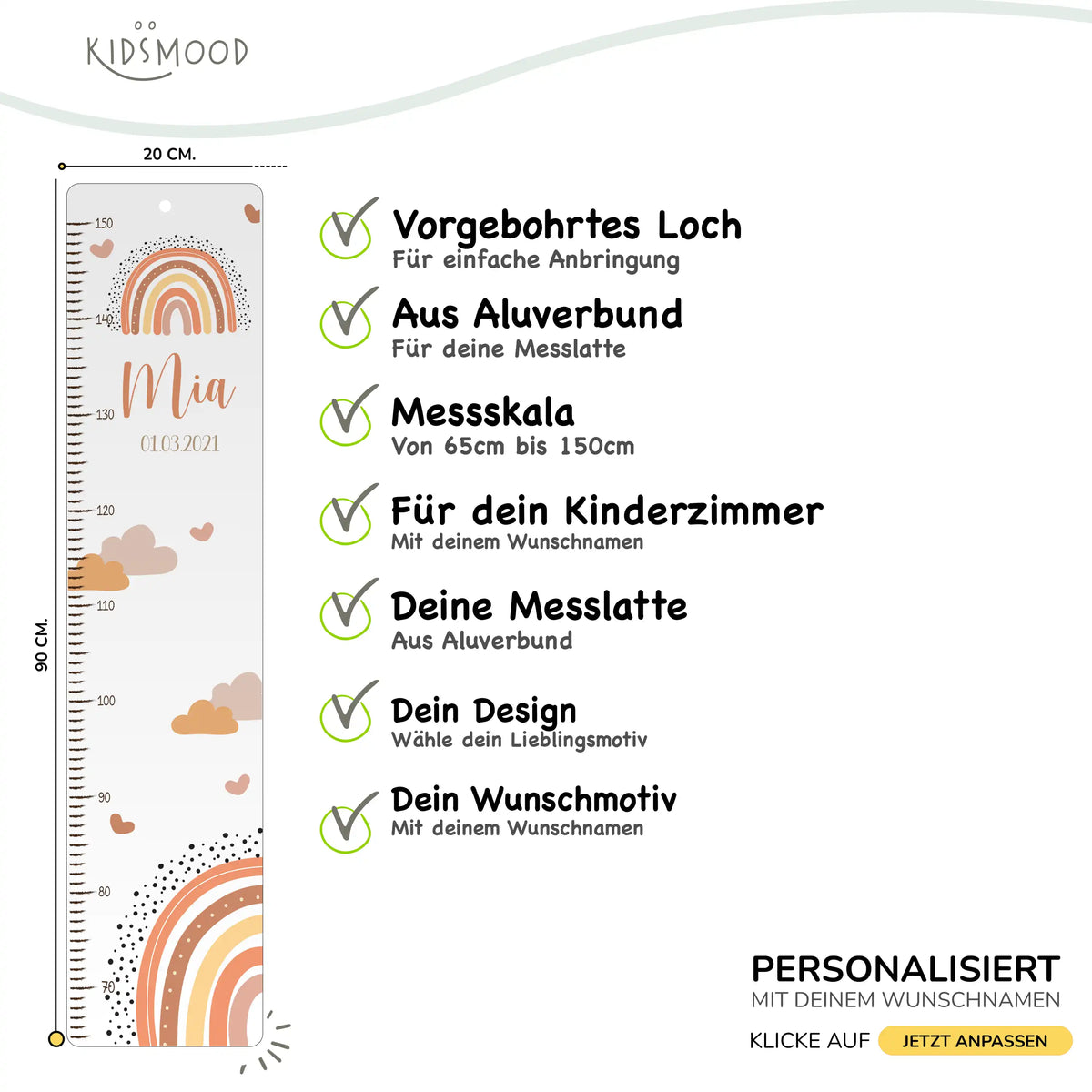 Messlatte Kinder Holz & Aluverbund - Regenbogen & Wolken