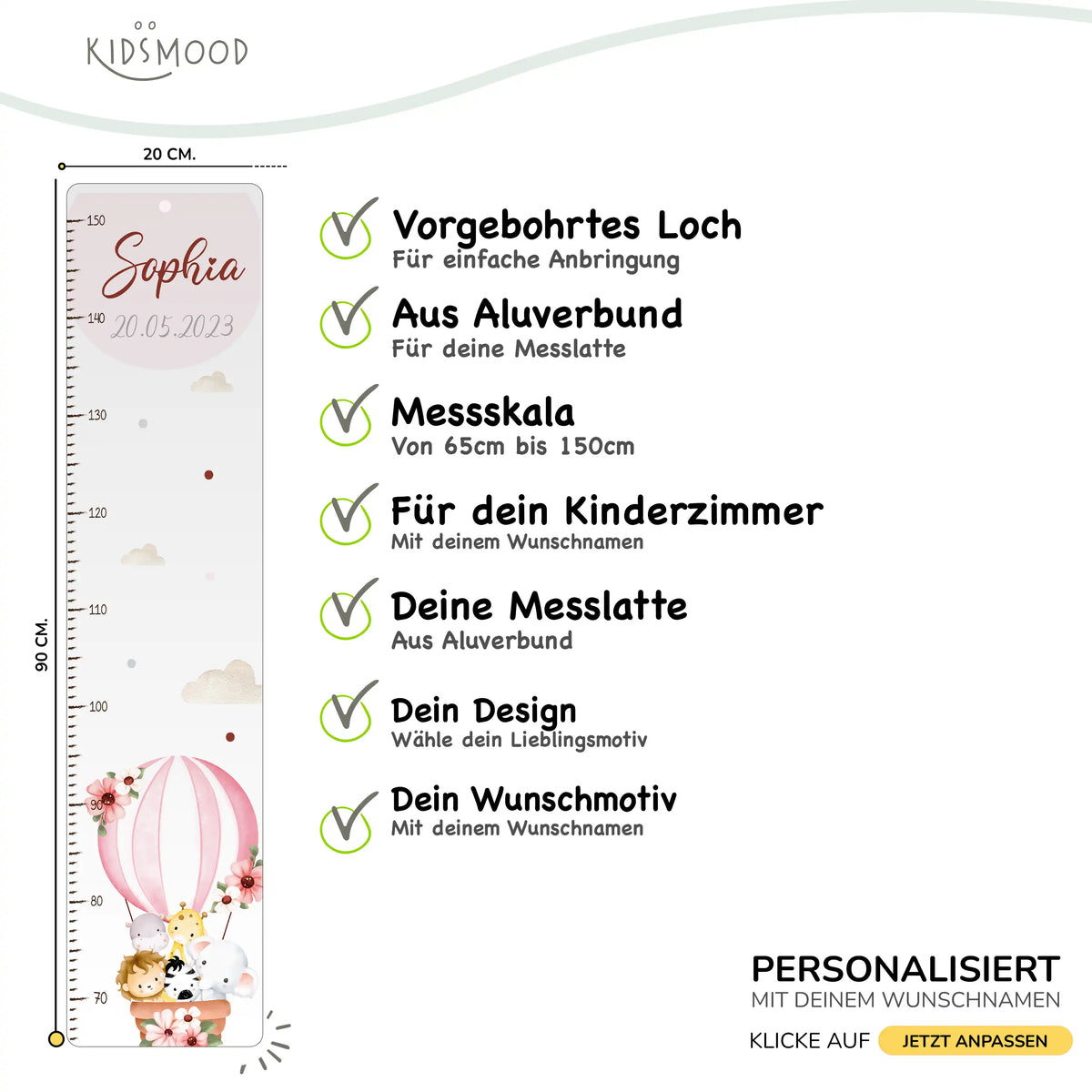 Messlatte Kinder Holz & Aluverbund - Tierfreunde & Ballon