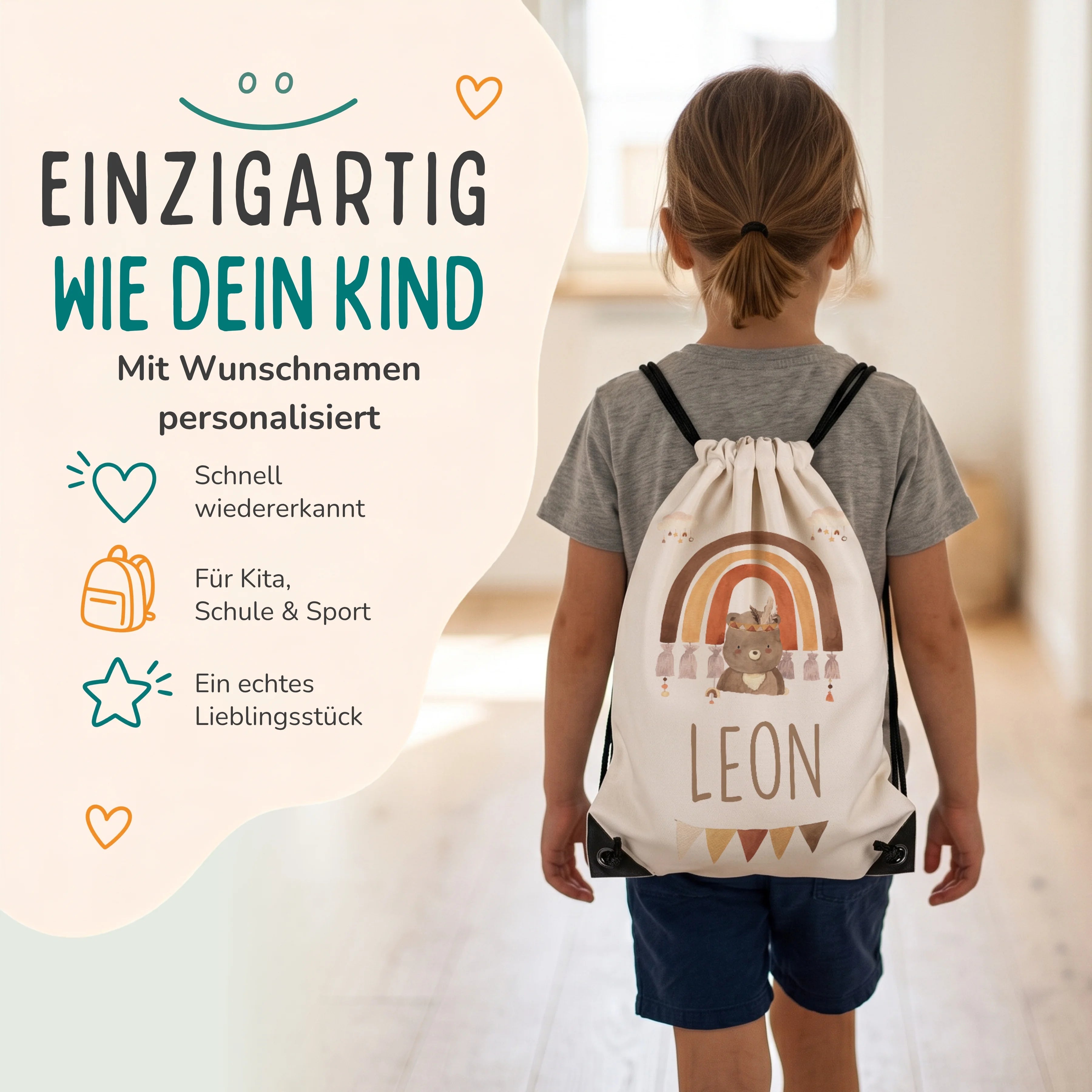 Personalisierter Turnbeutel Boho Bär Regenbogen, Kind trägt den Beutel auf dem Rücken