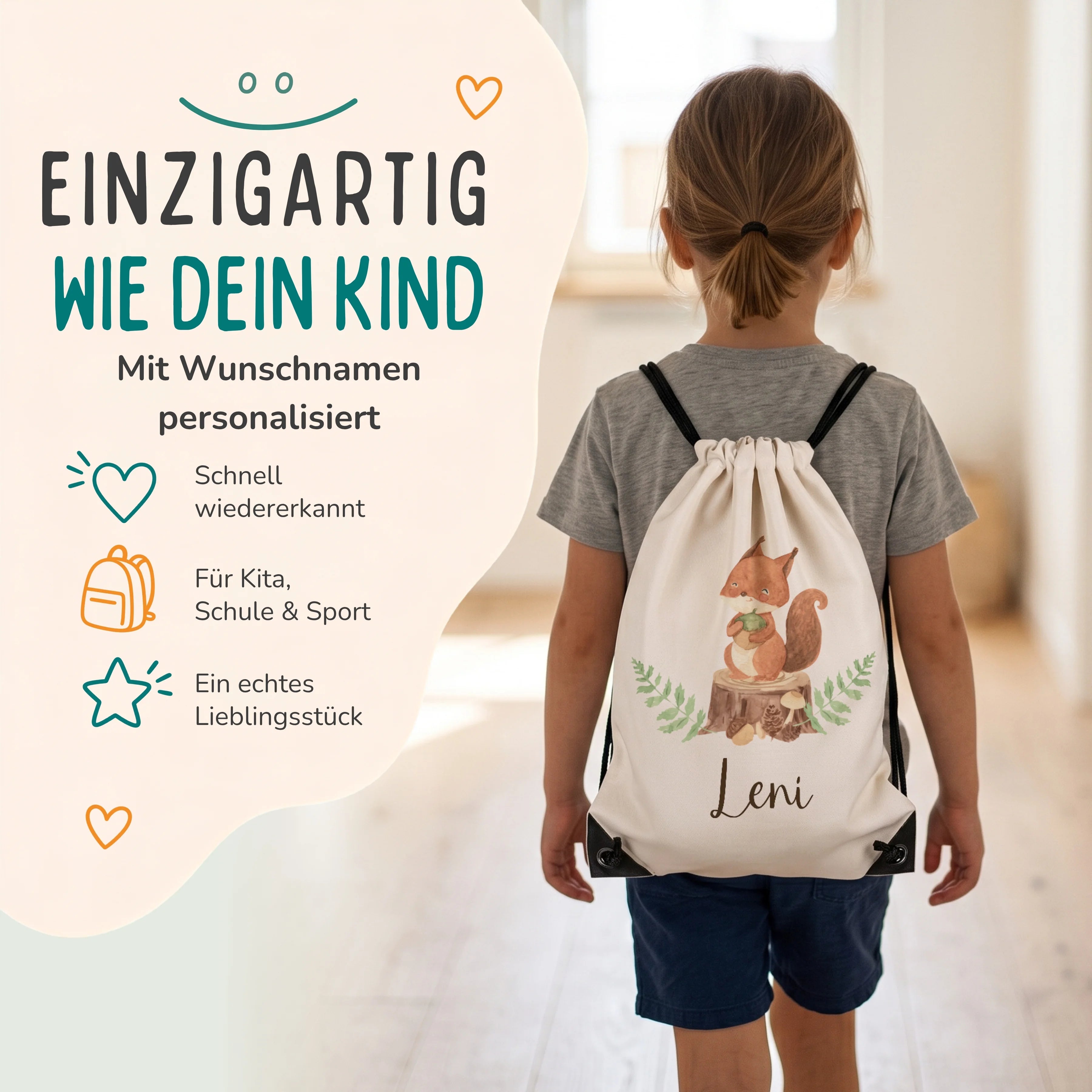 Personalisierter Turnbeutel Eichhörnchen, Kind trägt den Beutel auf dem Rücken