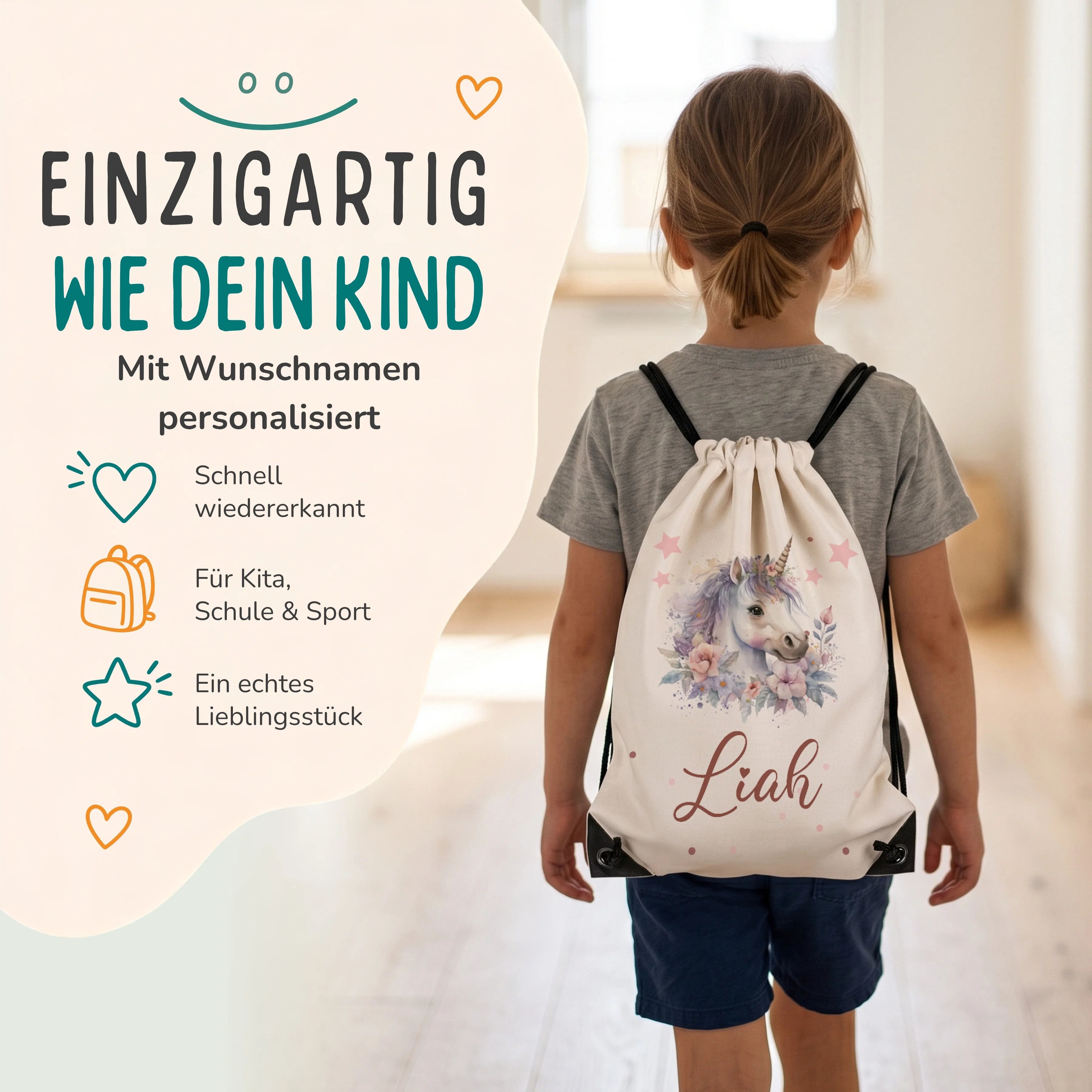 Personalisierter Turnbeutel Einhorn mit Blumen, Kind trägt den Beutel auf dem Rücken