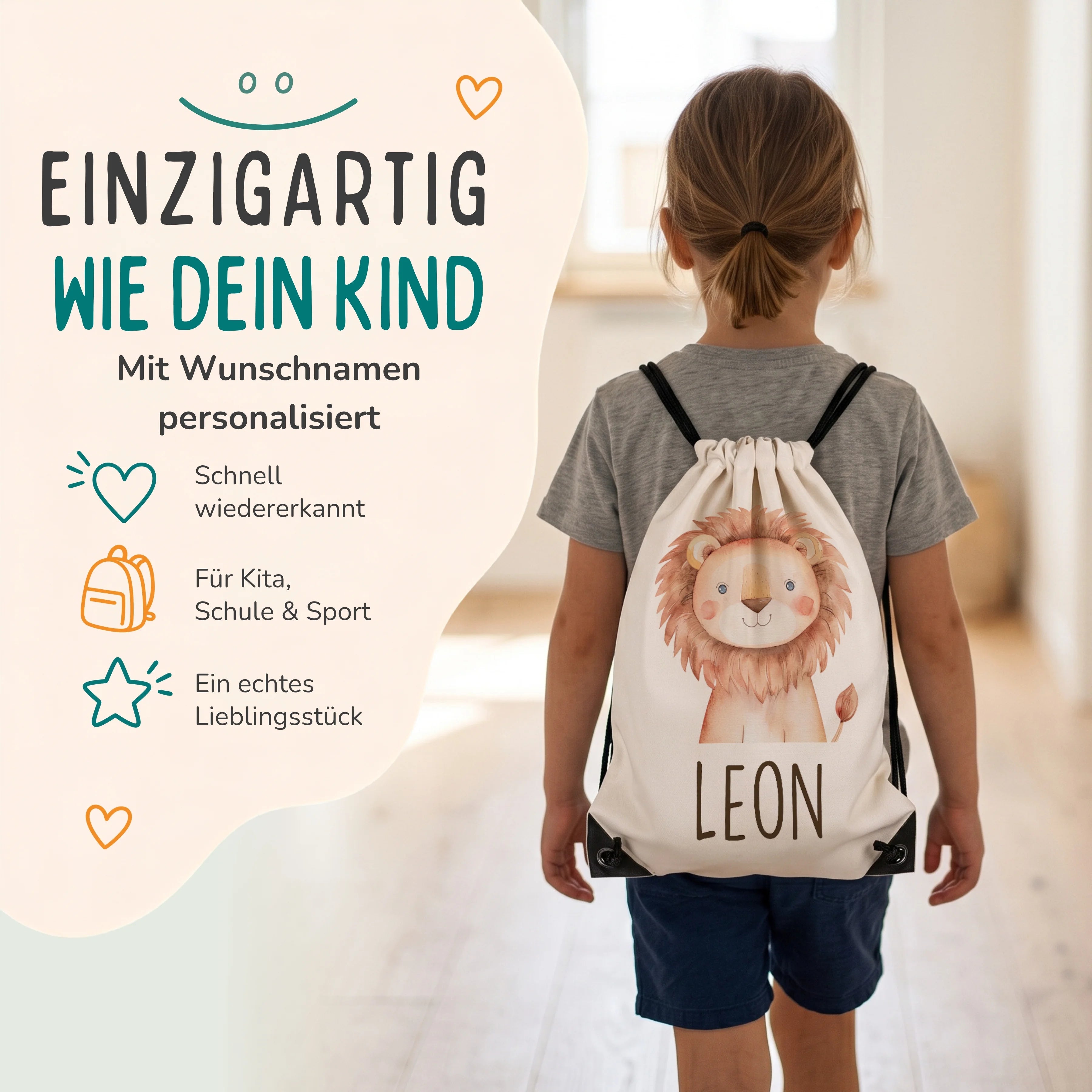 Personalisierter Turnbeutel Löwe, Kind trägt den Beutel auf dem Rücken