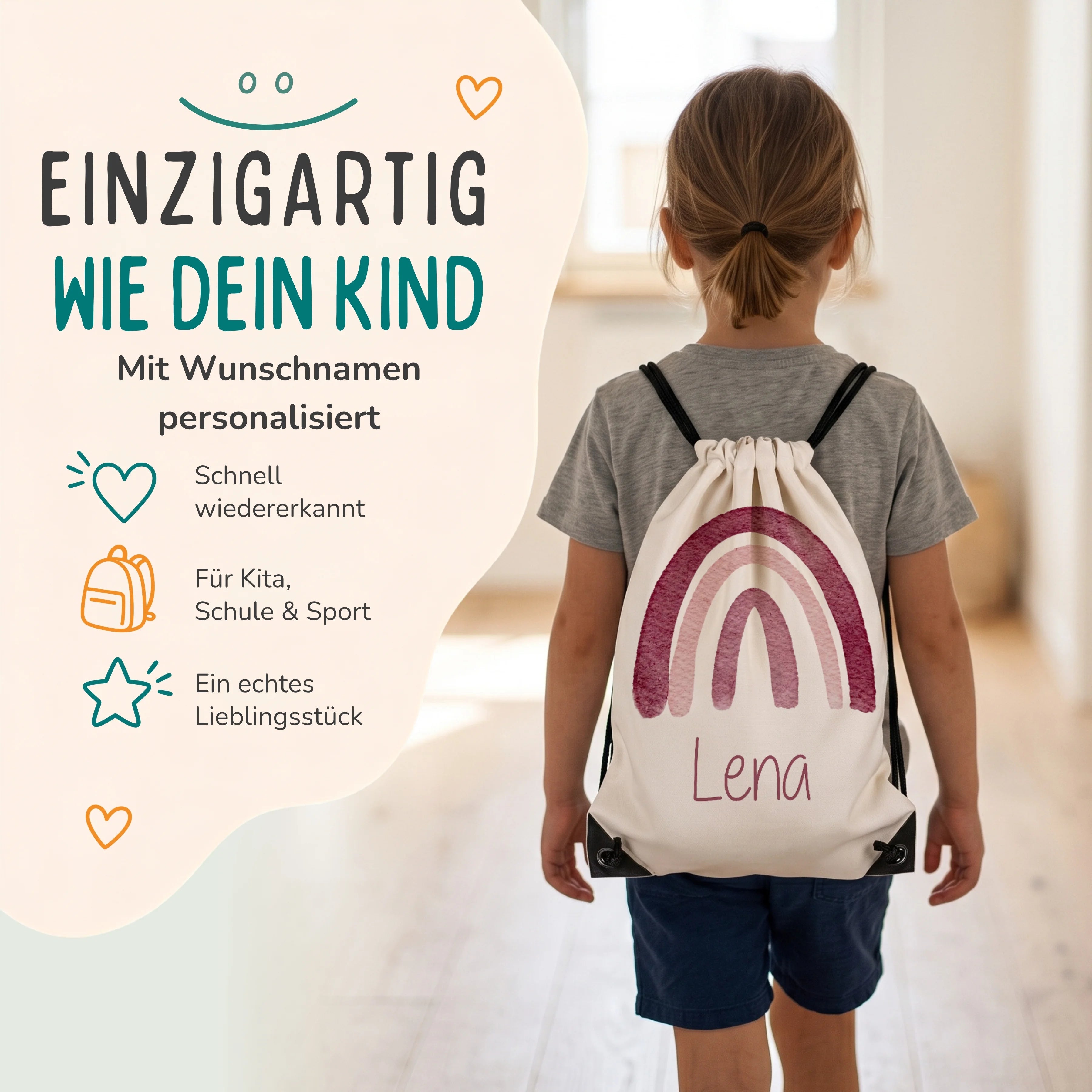 Personalisierter Turnbeutel Regenbogen, Kind trägt den Beutel auf dem Rücken