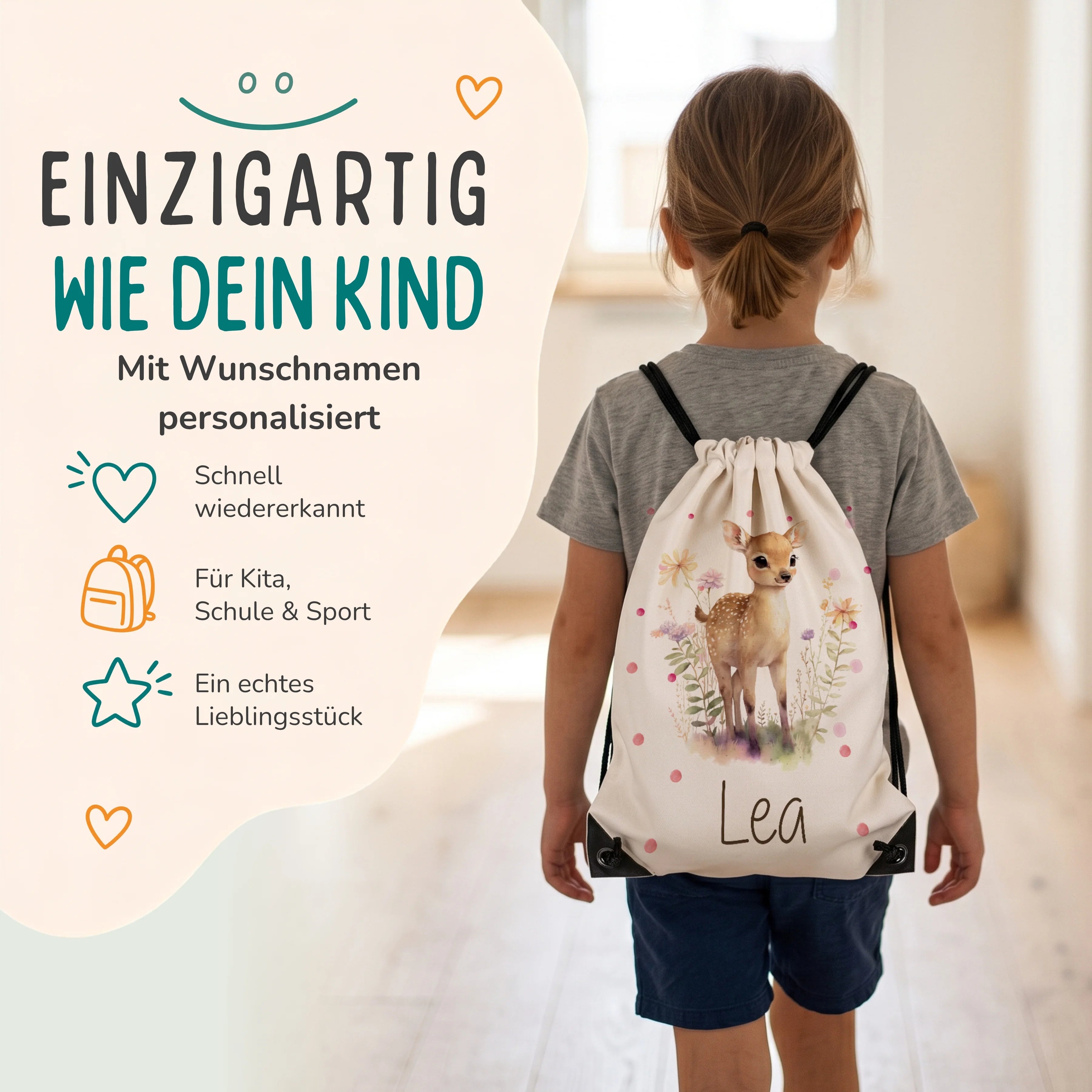 Personalisierter Turnbeutel Reh, Kind trägt den Beutel auf dem Rücken