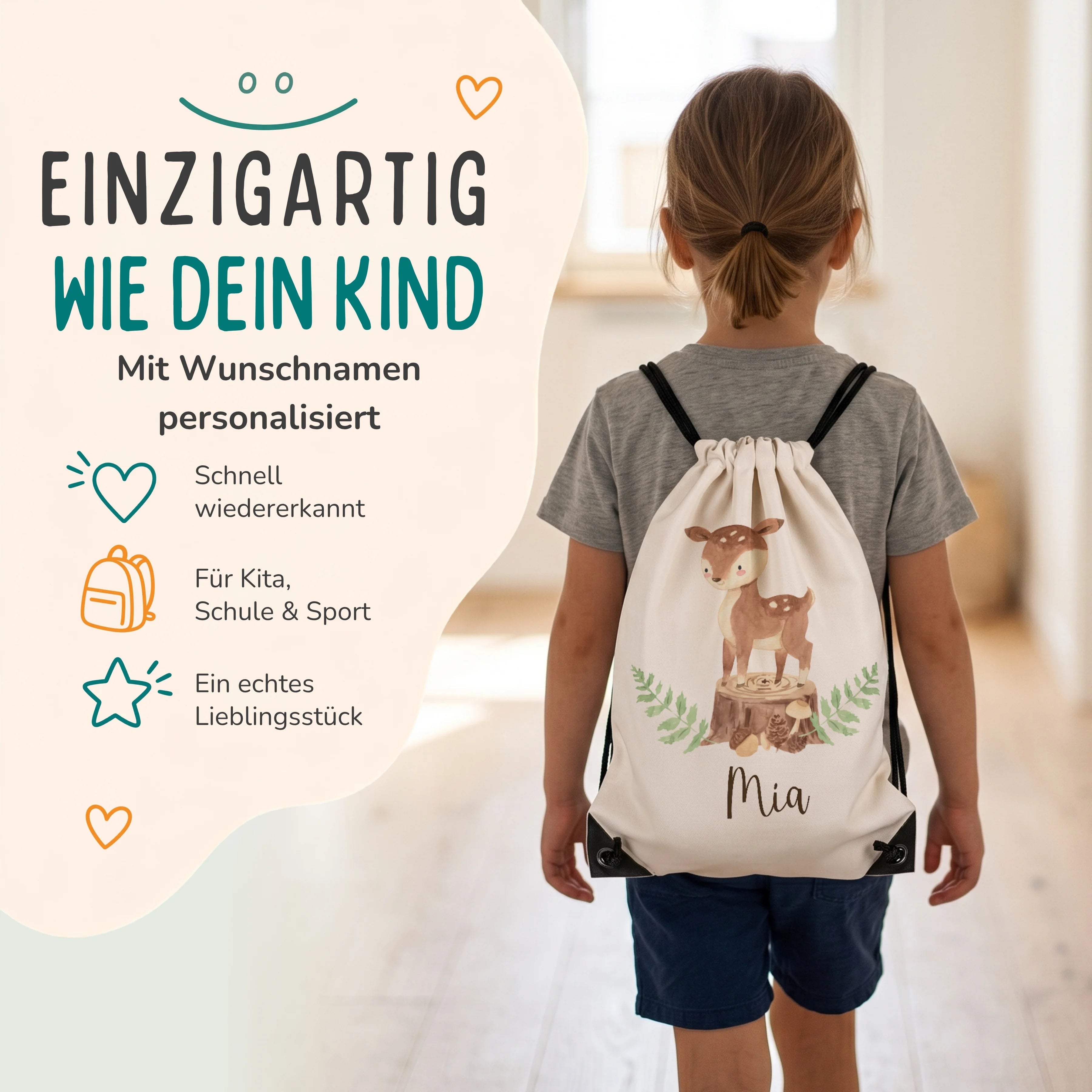 Personalisierter Turnbeutel Reh Waldtiere, Kind trägt den Beutel auf dem Rücken