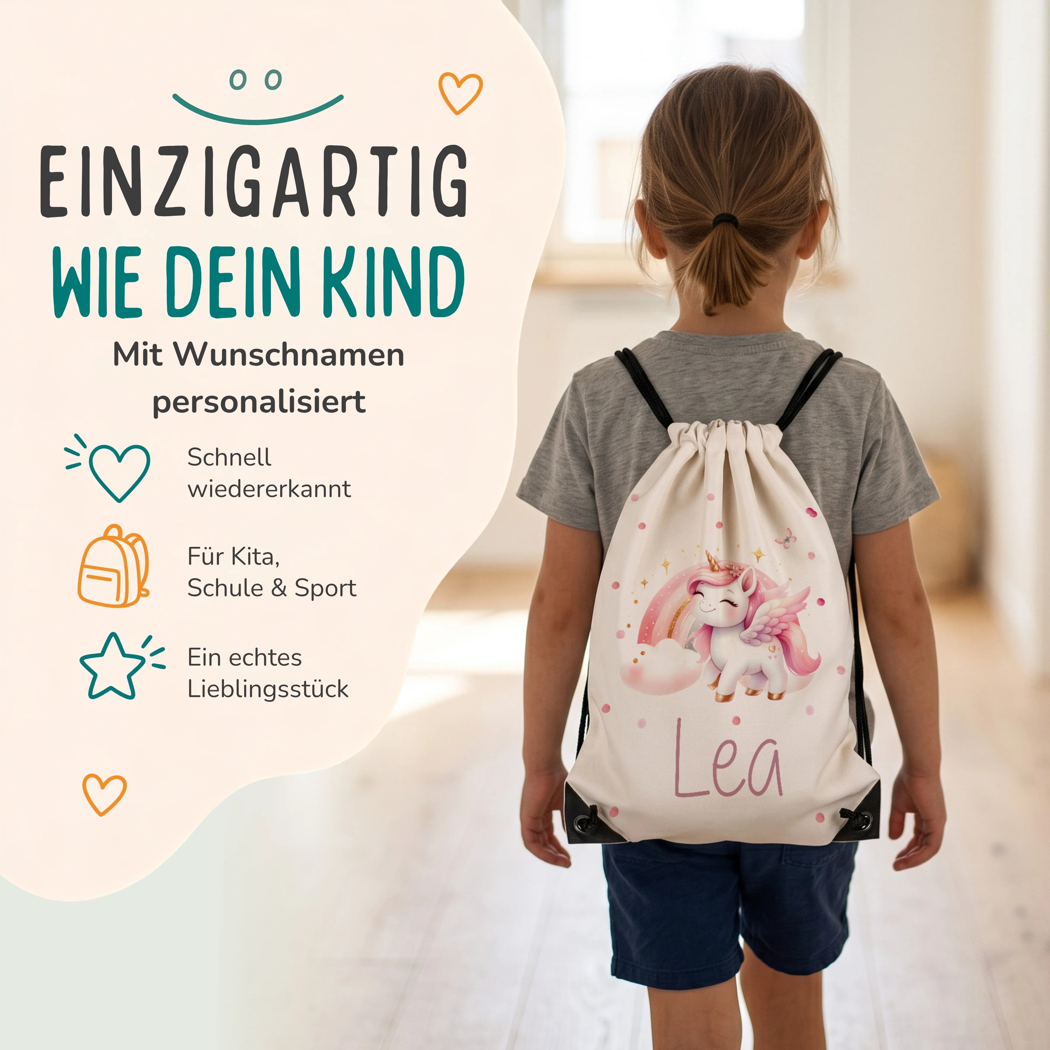 Personalisierter Turnbeutel Zauberhaftes Einhorn, Kind trägt den Beutel auf dem Rücken