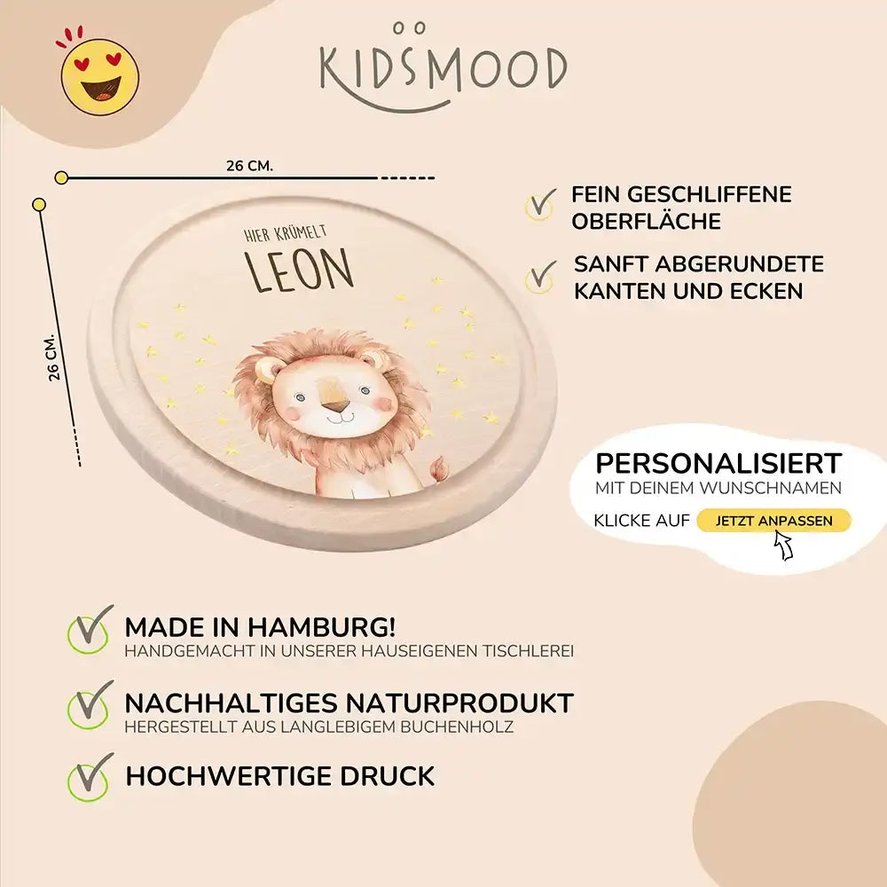 Rundes personalisiertes Frühstücksbrettchen Löwe mit Namen für Kinder