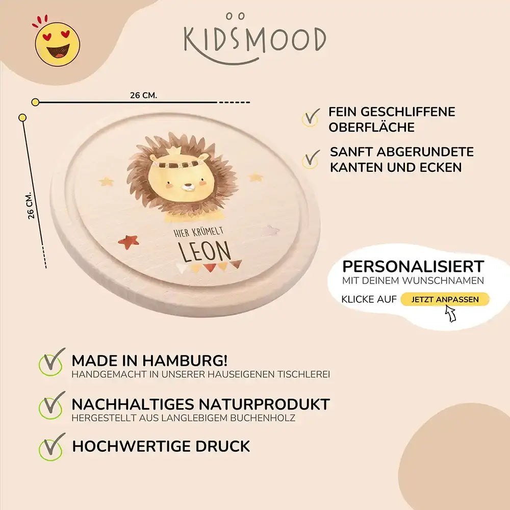 Rundes personalisiertes Frühstücksbrettchen Boho Löwe mit Namen für Kinder