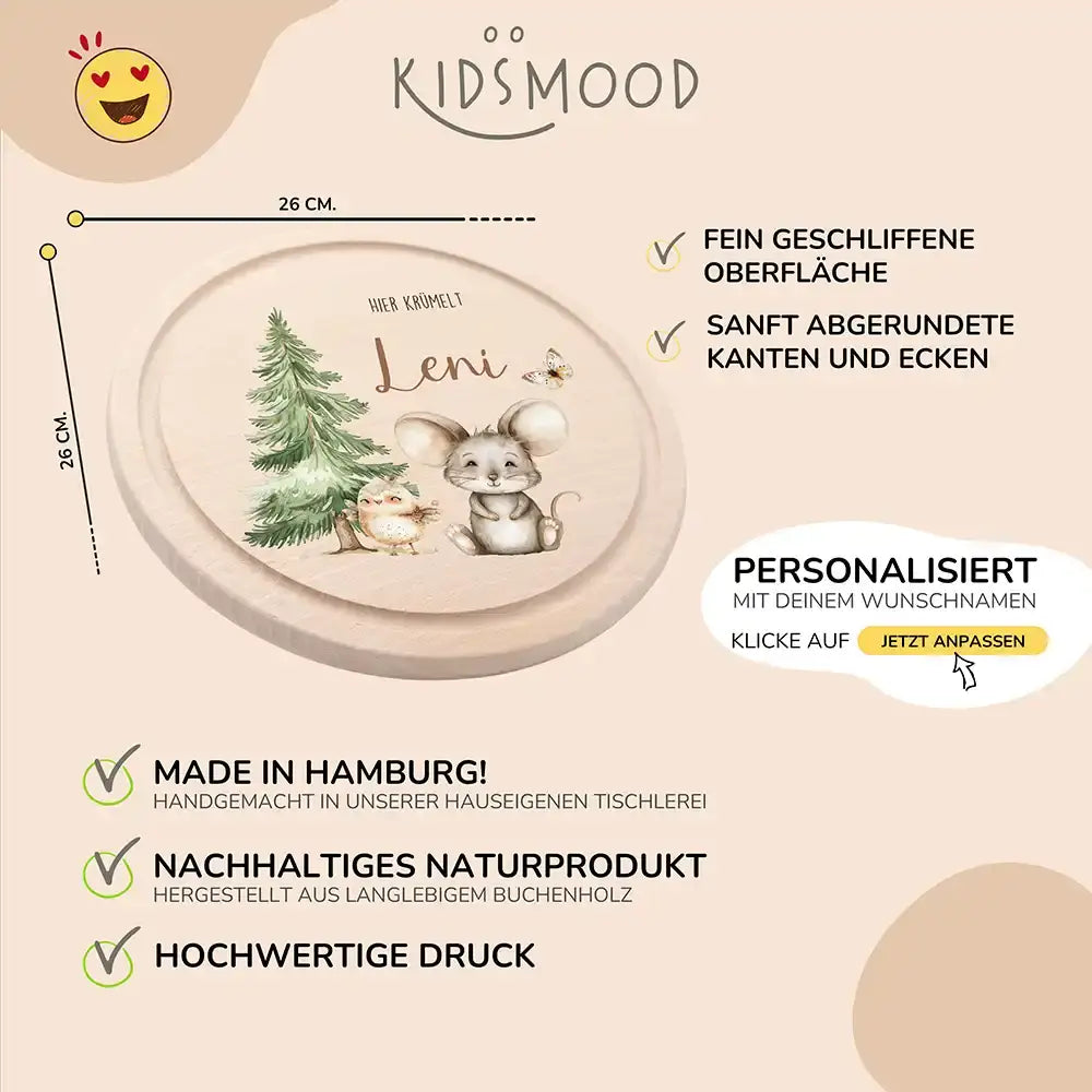 Rundes personalisiertes Frühstücksbrettchen Springmaus mit Namen für Kinder