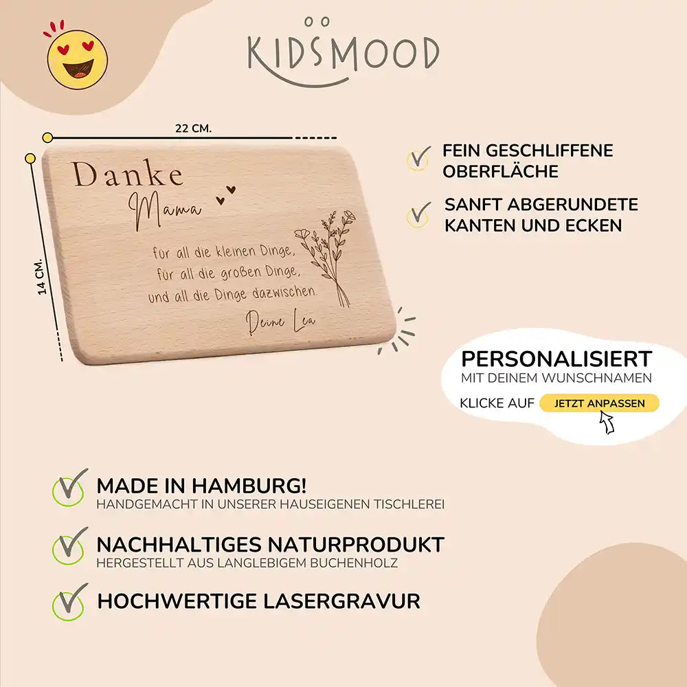 Frühstücksbrettchen Holz Danke Mama mit Gravur - Geschenk Muttertag