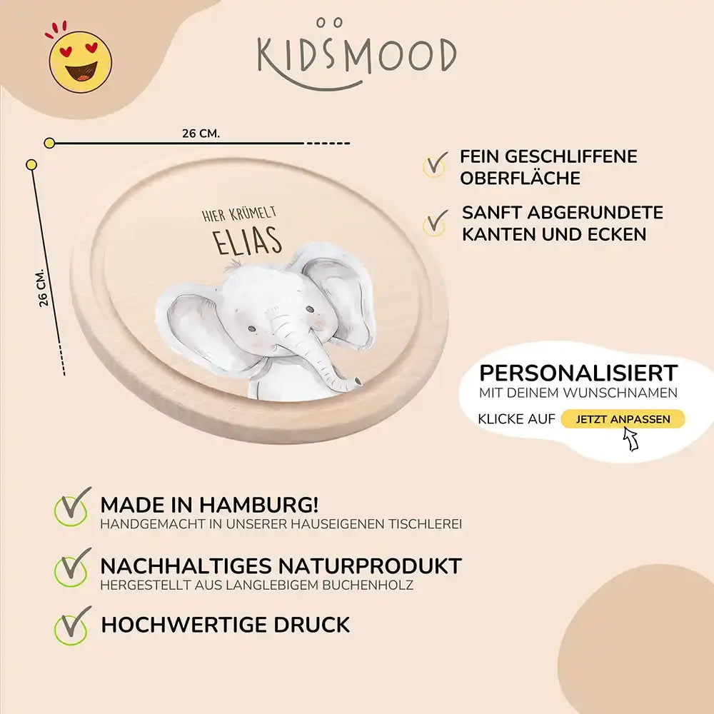 Rundes personalisiertes Frühstücksbrettchen Elefant mit Namen für Kinder