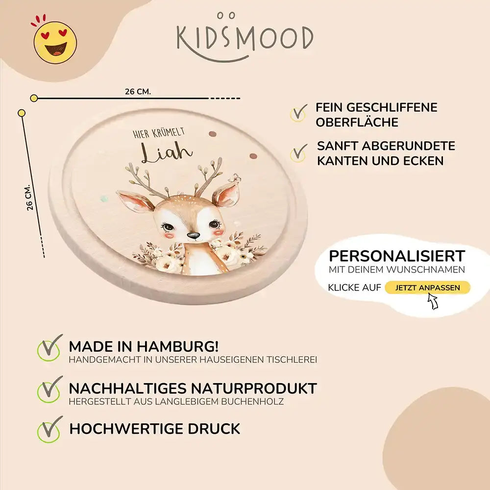 Rundes personalisiertes Frühstücksbrettchen Baby Reh mit Namen für Kinder
