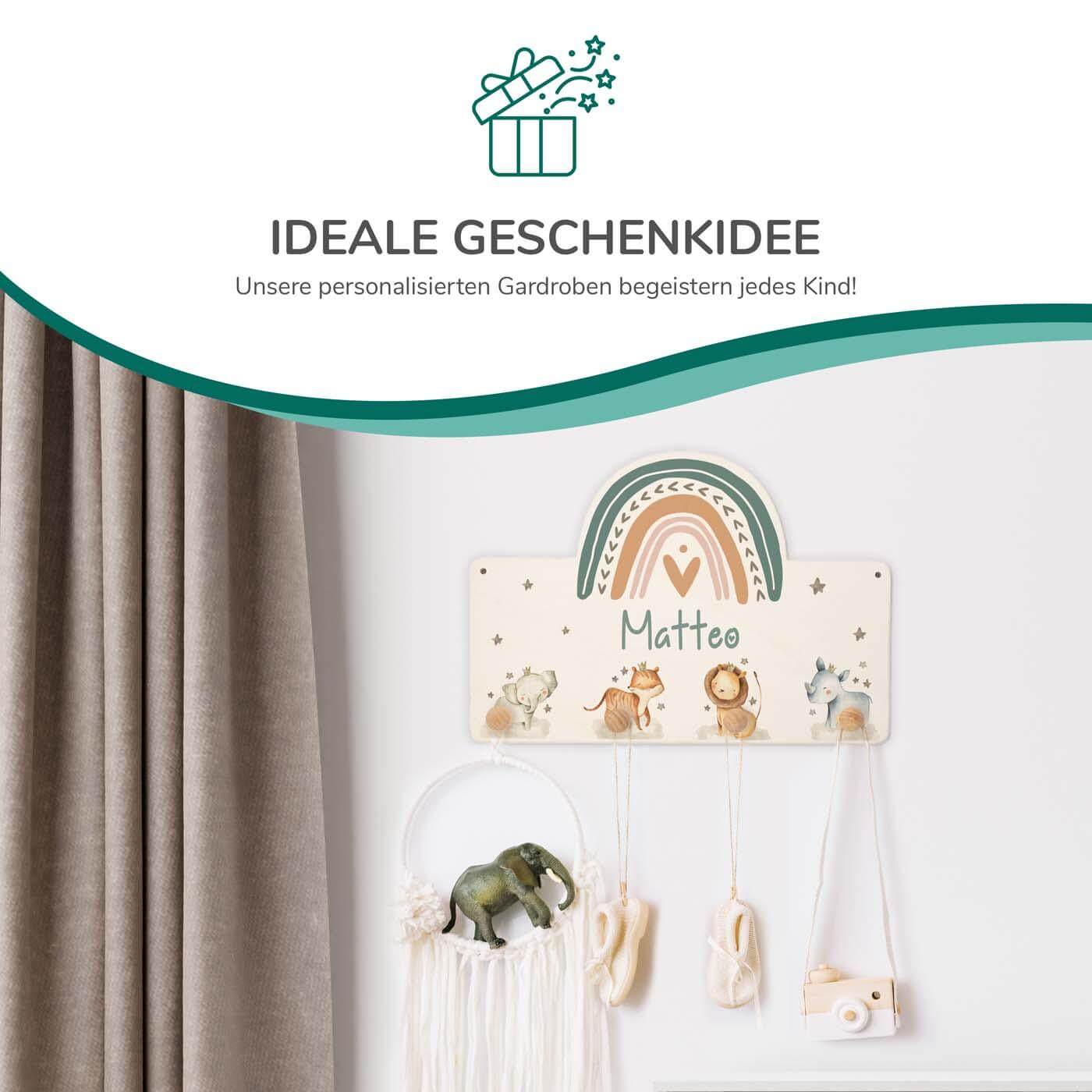 coat rack with rainbow and animal family engraving
