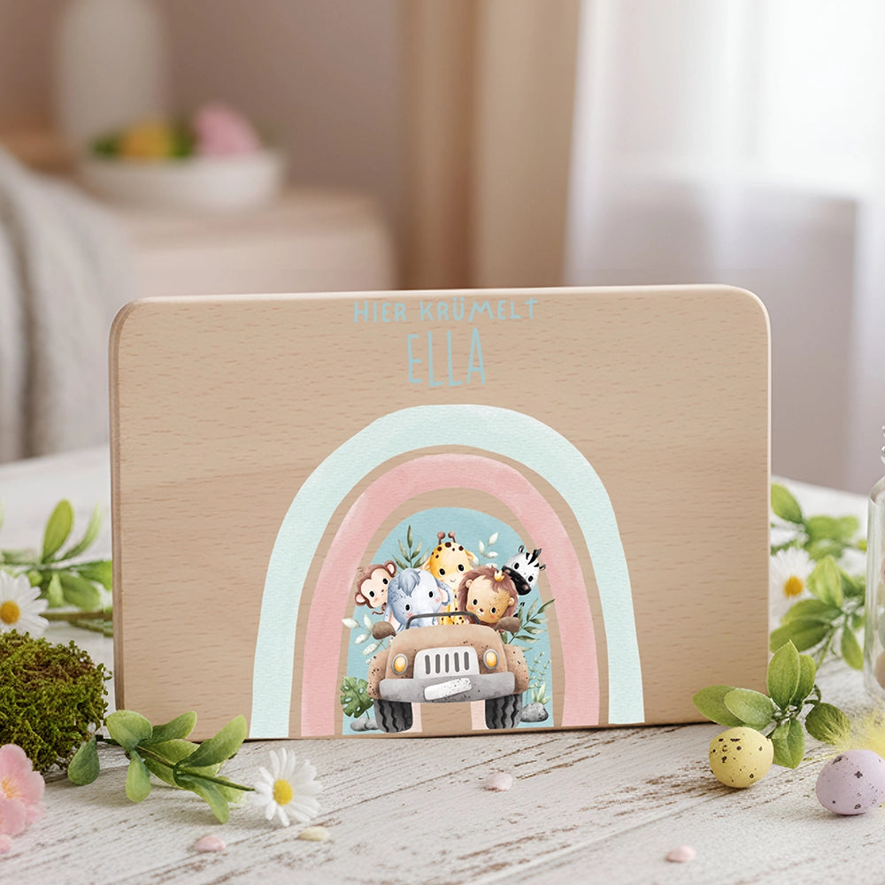 Frühstücksbrettchen Holz personalisiert - Regenbogen Safari