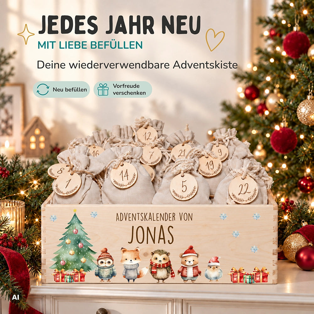 Adventskalender zum Befüllen "Weihnachten mit Tierfreunden" personalisiert