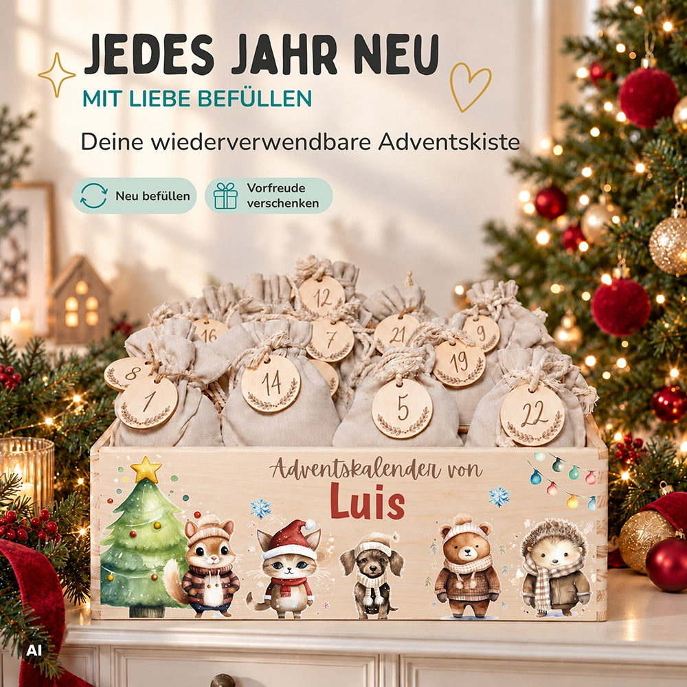Personalisierter Adventskalender zum Befüllen - Tierfamilie im Winterwald