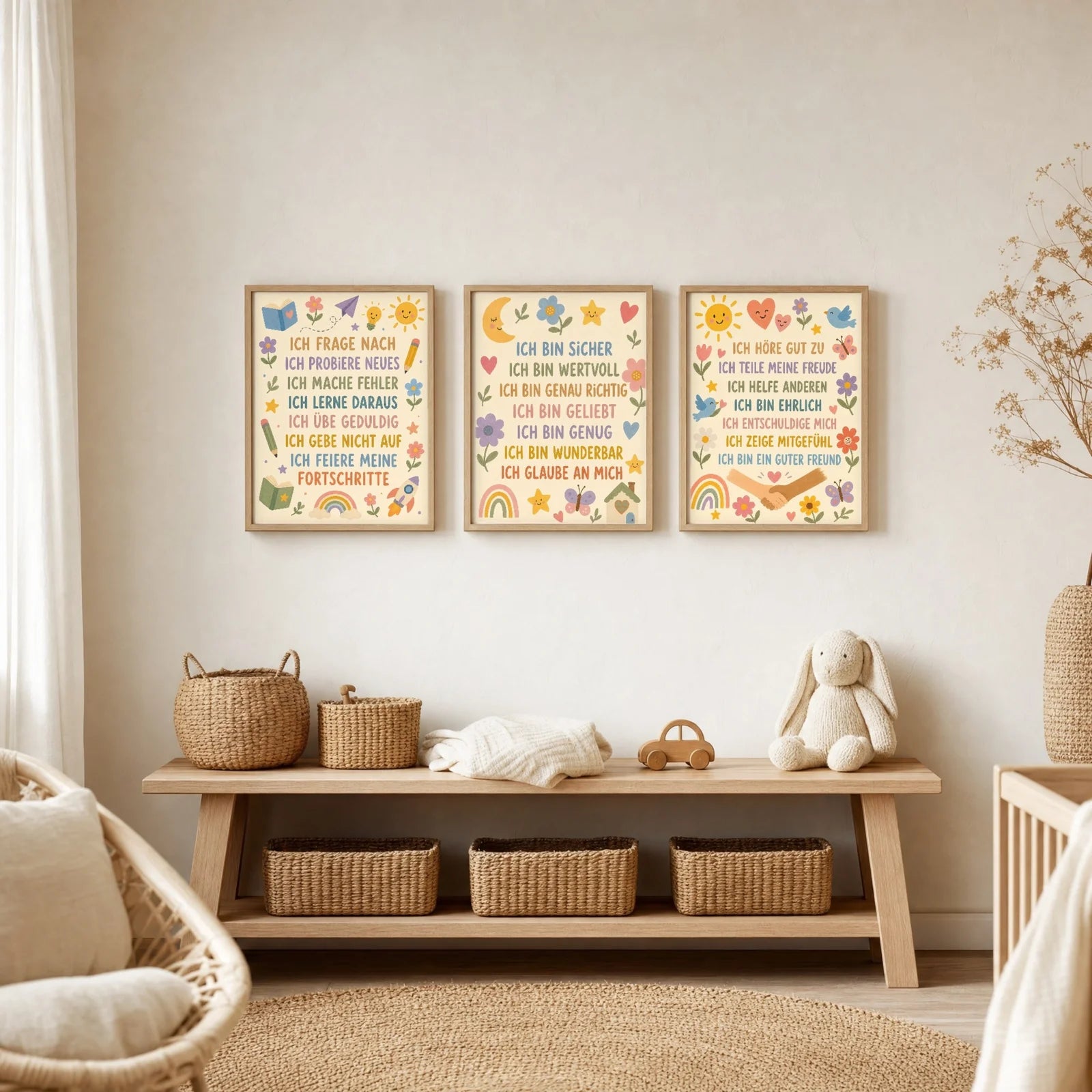Affirmationsposter Kinderzimmer Blumenwiese Ich bin sicher, im Jungenzimmer