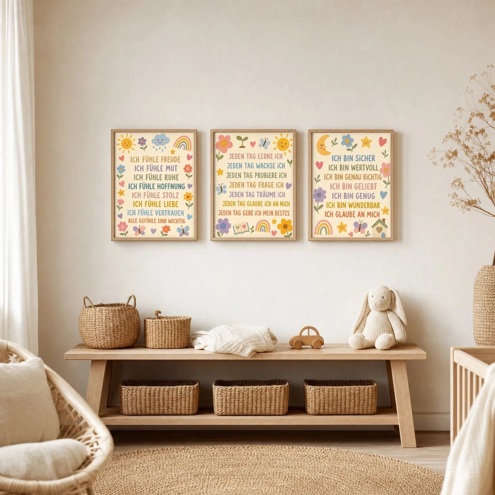 Affirmationsposter Kinderzimmer Blumenwiese Jeden Tag, im Jungenzimmer