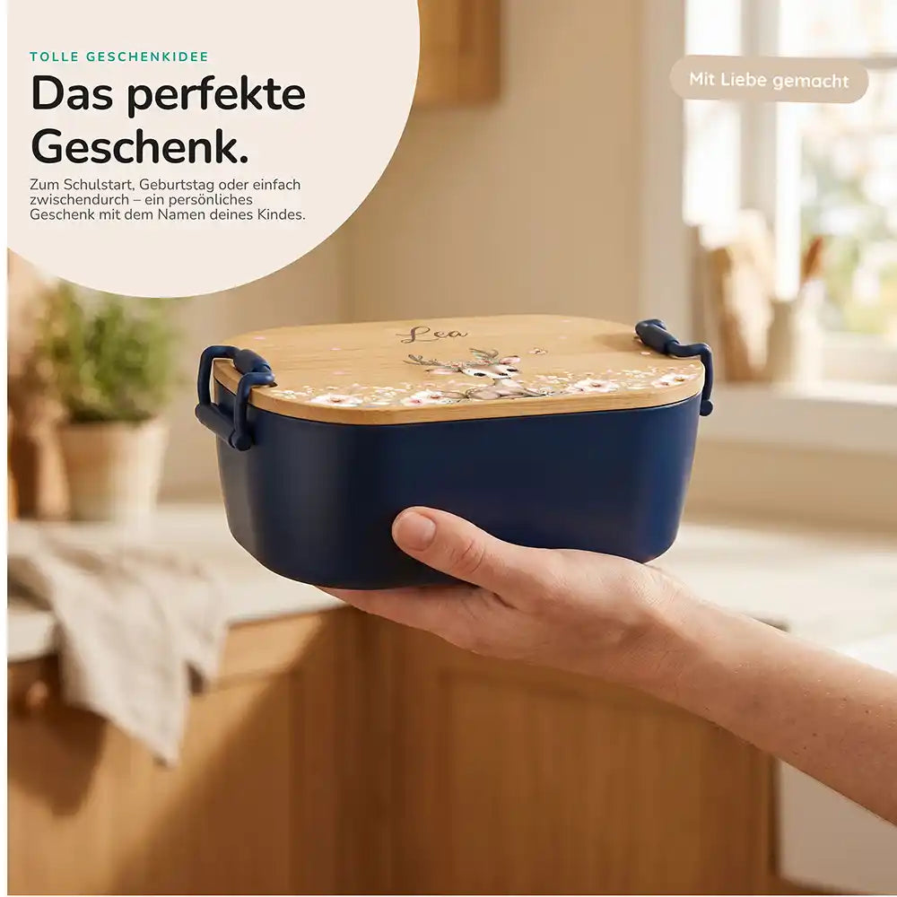 Brotdose Kinder personalisiert Rehkitz Geweih, Geschenk zum Schulstart mit Wunschname