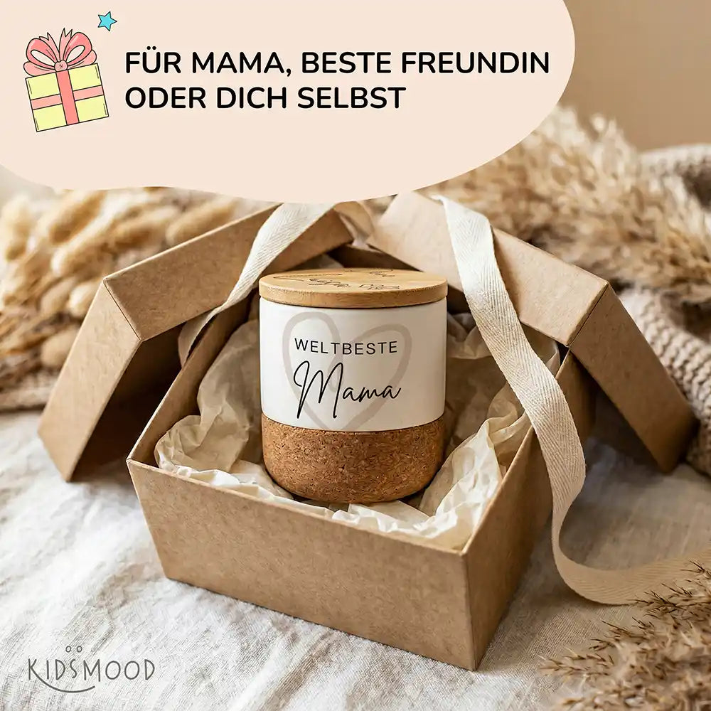 Duftkerze Vanille Keramik Weltbeste Mama Herz – Flatlay mit Lieferumfang
