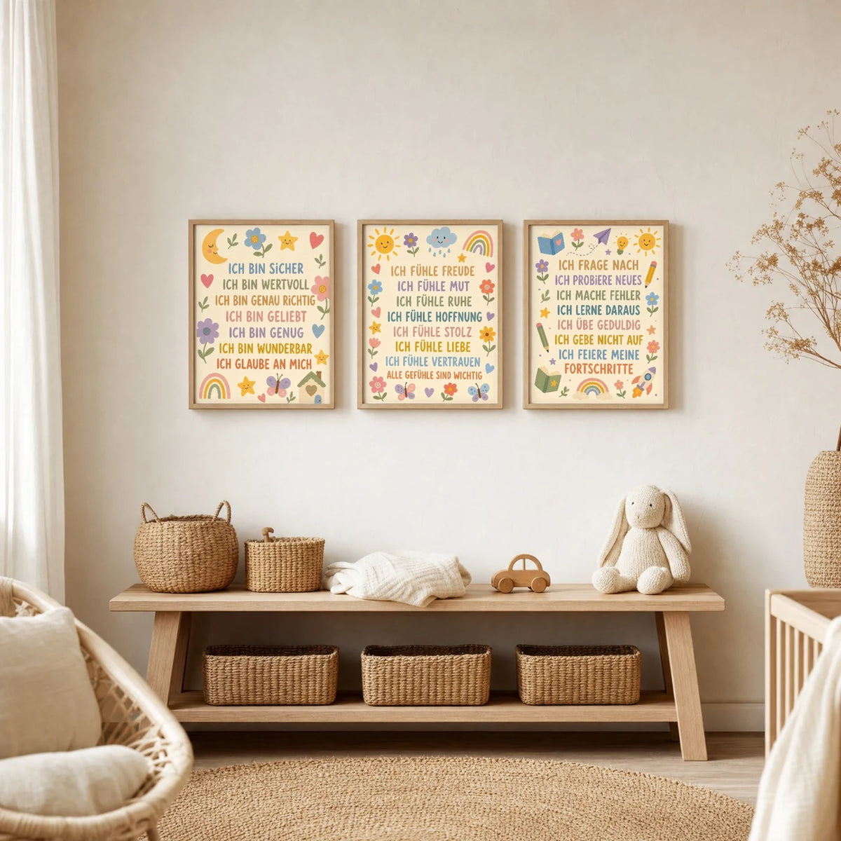 Kinderzimmer Deko: Affirmationsposter „Blumenwiese Gefühle“ zusammen mit weiteren Motiven an der Wand