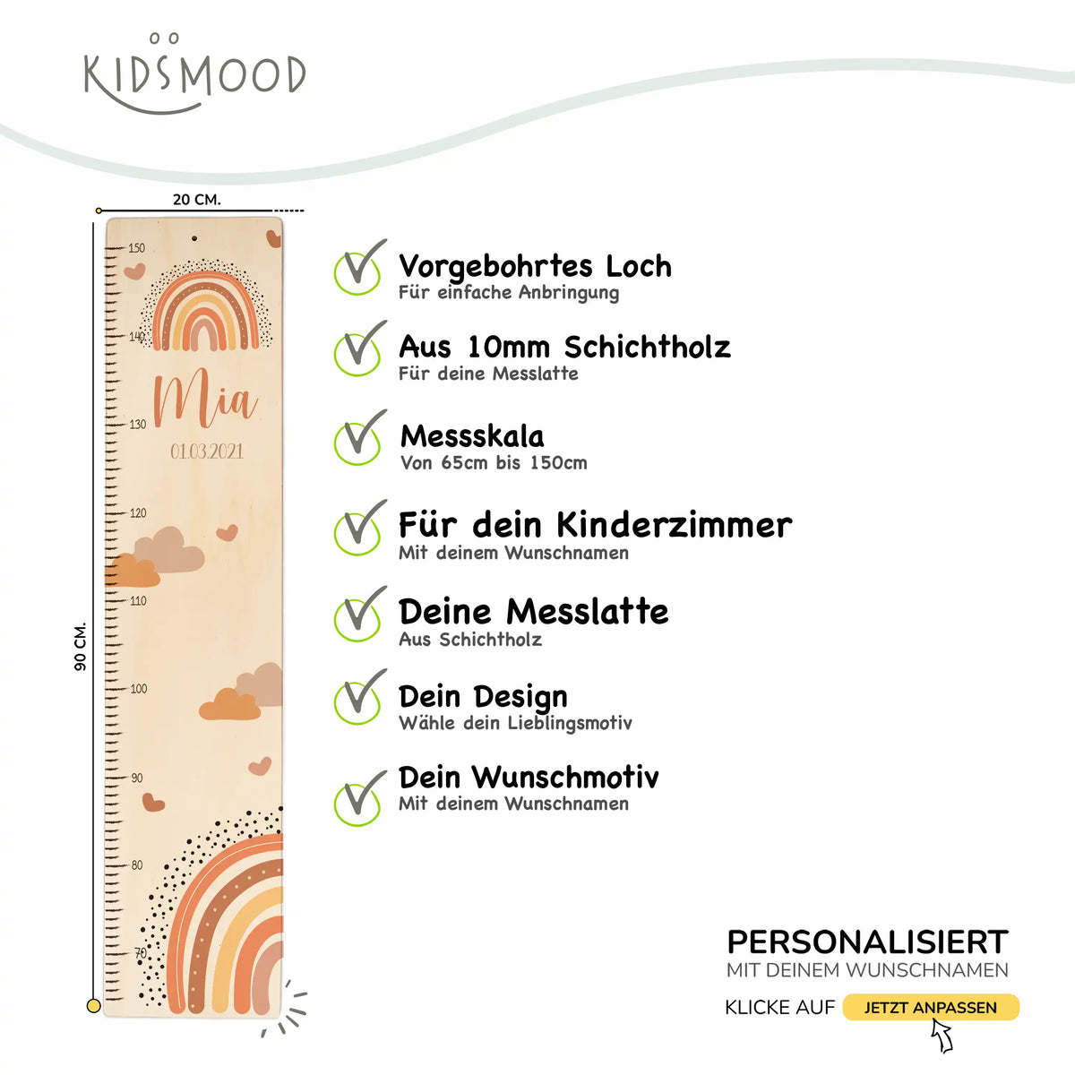 Messlatte Kinder Holz & Aluverbund - Regenbogen & Wolken