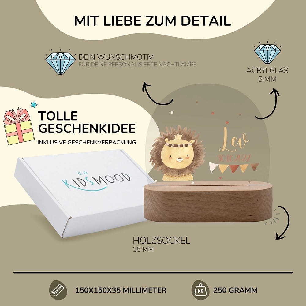 Nachtlicht Löwe personalisiert – 150 × 150 × 35 mm, 5 mm Acrylglas, Holzsockel, mit Geschenkverpackung