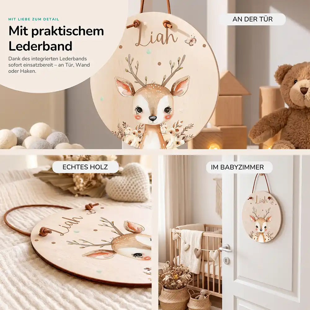 Türschild Kinderzimmer Hirsch mit Blumen, im Größenvergleich, Ø 14 cm und Ø 20 cm