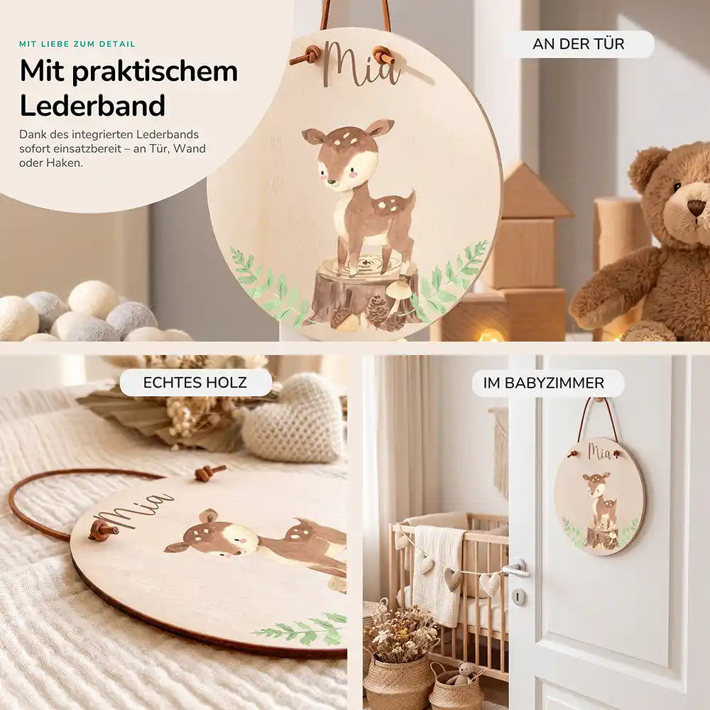 Türschild Kinderzimmer Reh im Wald, im Größenvergleich, Ø 14 cm und Ø 20 cm