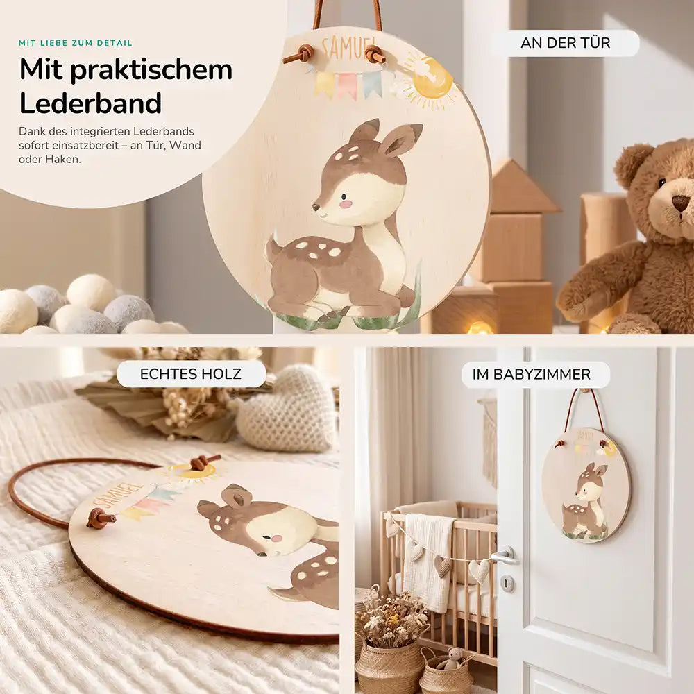 Türschild Kinderzimmer Reh mit Wimpelkette, im Größenvergleich, Ø 14 cm und Ø 20 cm
