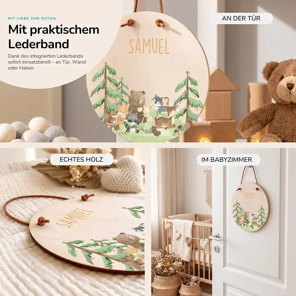 Türschild Kinderzimmer Waldtiere, im Größenvergleich, Ø 14 cm und Ø 20 cm