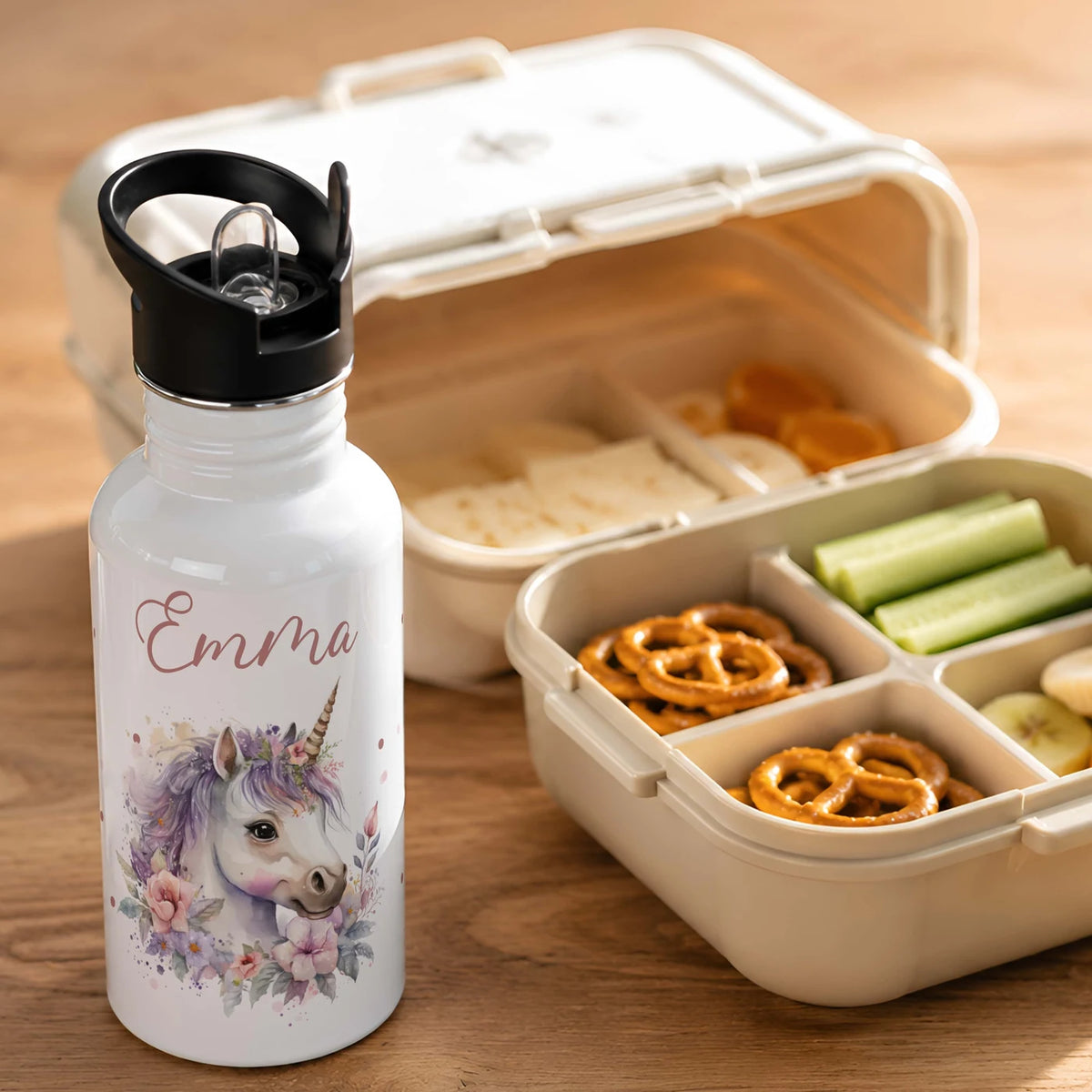 Trinkflasche Kinder Edelstahl - Einhorn mit Blüten