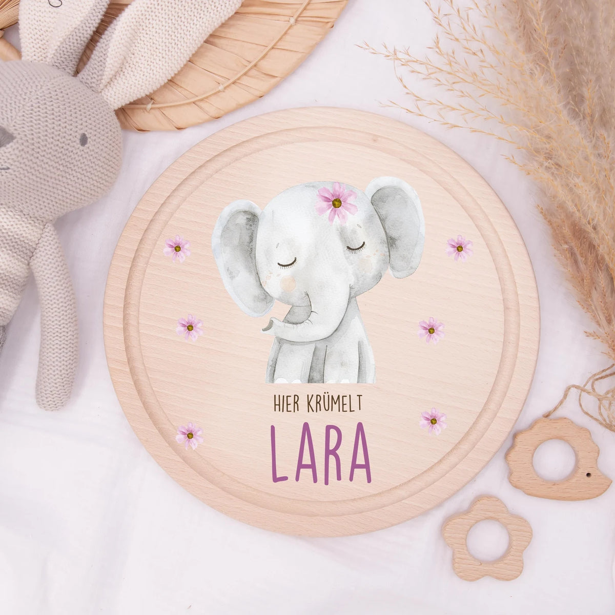 Rundes personalisiertes Frühstücksbrettchen Elefant Pünktchen mit Namen für Kinder