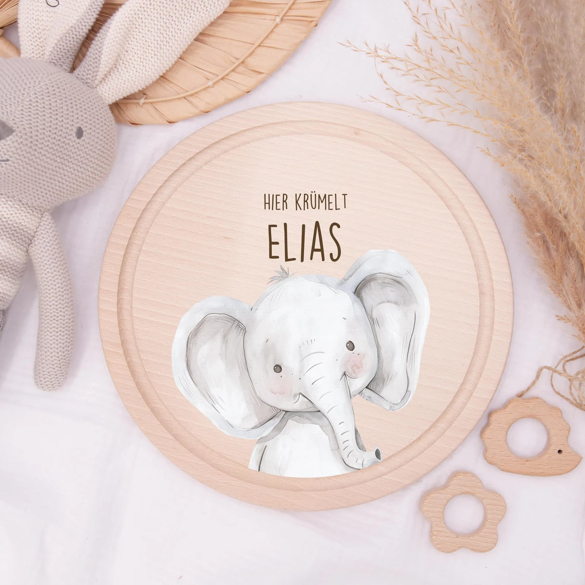Rundes personalisiertes Frühstücksbrettchen Elefant mit Namen für Kinder