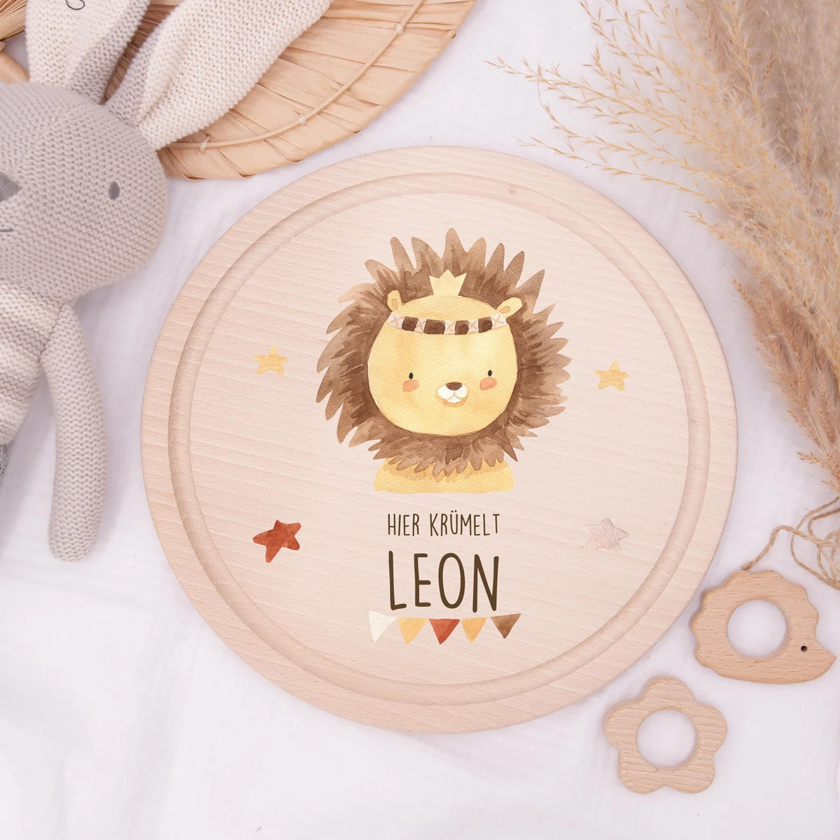 Rundes personalisiertes Frühstücksbrettchen Boho Löwe mit Namen für Kinder