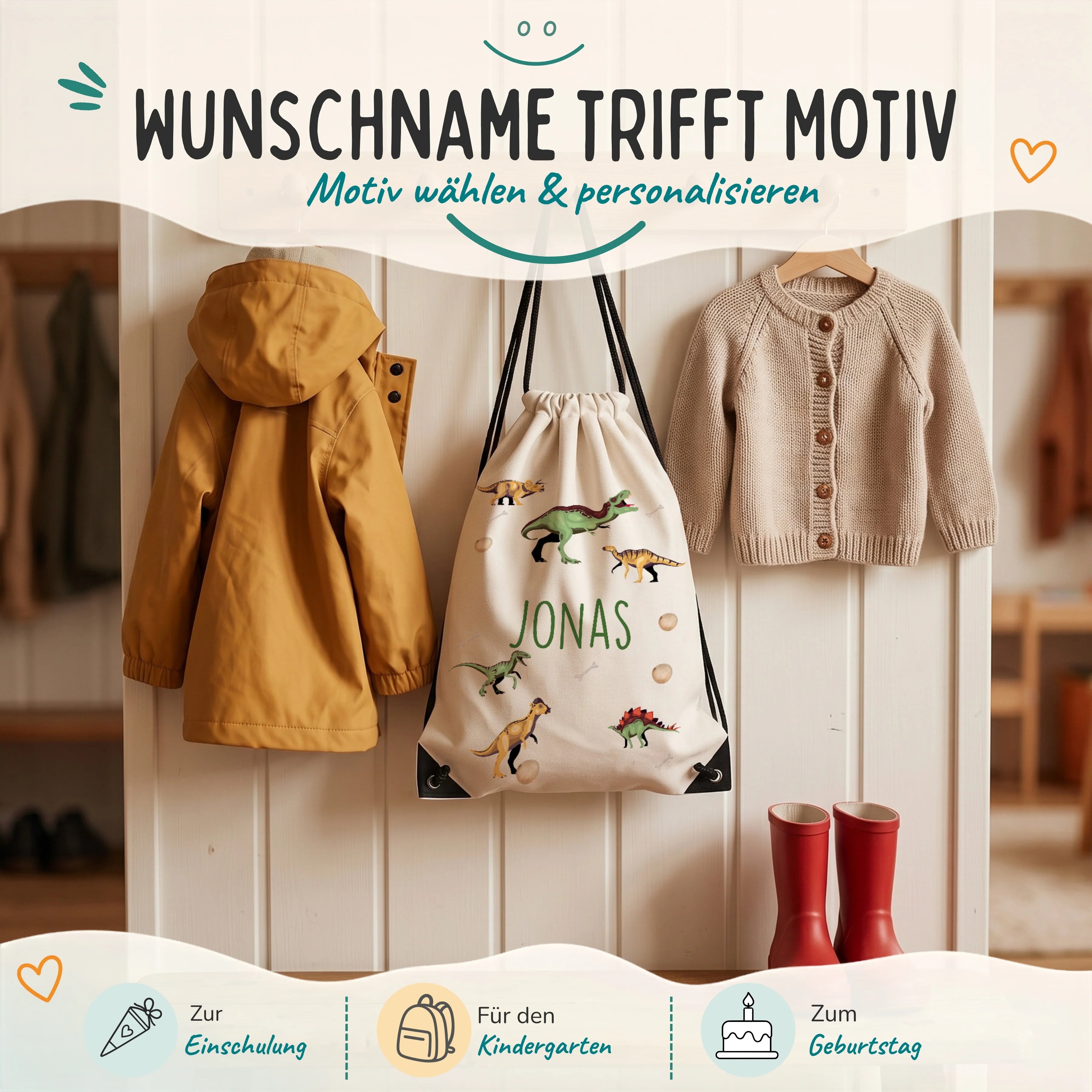 Personalisierter Turnbeutel Dinos, Geschenk zur Einschulung, zum Kindergarten und zum Geburtstag