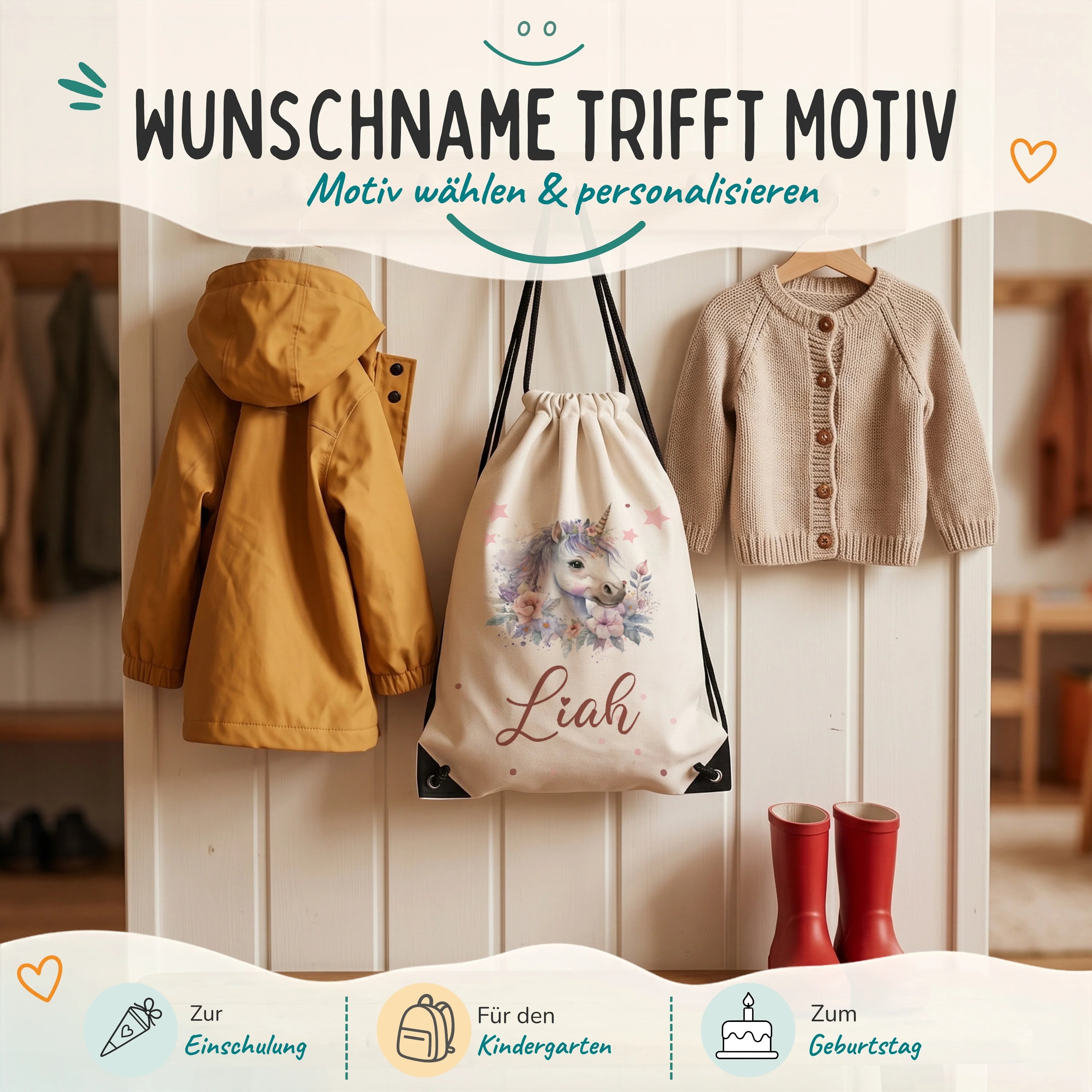 Personalisierter Turnbeutel Einhorn mit Blumen, Geschenk zur Einschulung, zum Kindergarten und zum Geburtstag