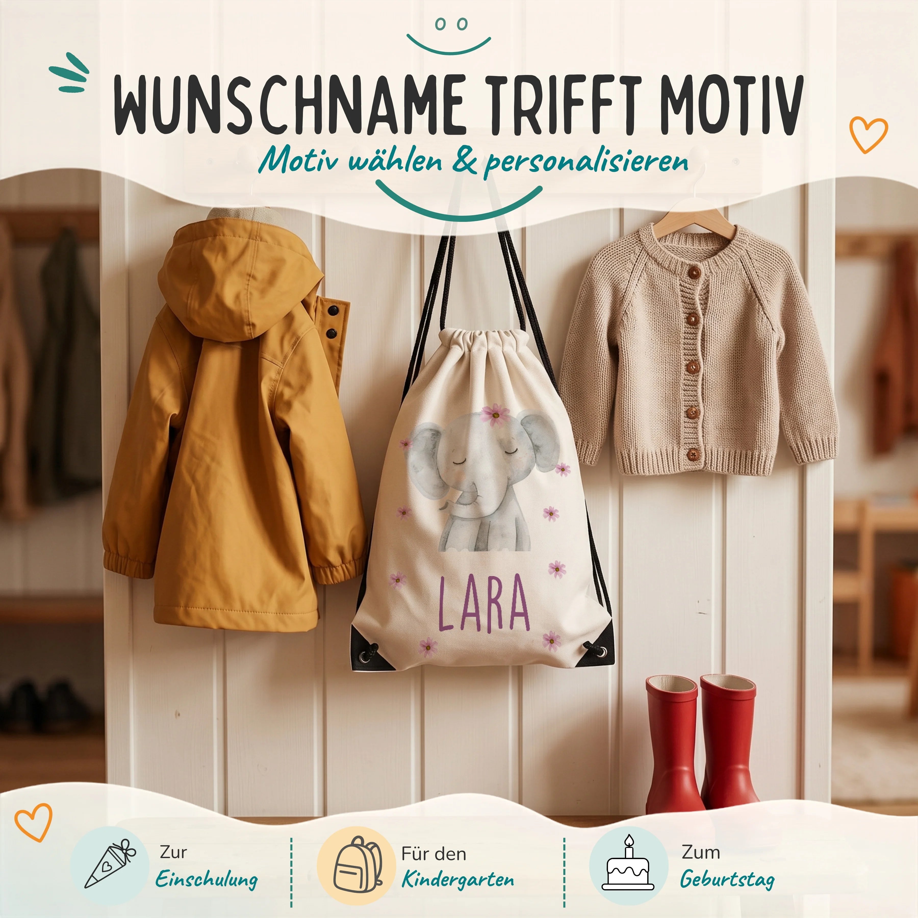 Personalisierter Turnbeutel Elefant mit Blüten, Geschenk zur Einschulung, zum Kindergarten und zum Geburtstag