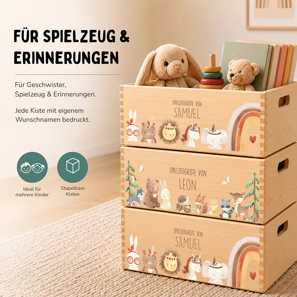 Spielzeugkiste personalisiert mit Namen - Boho Tiere
