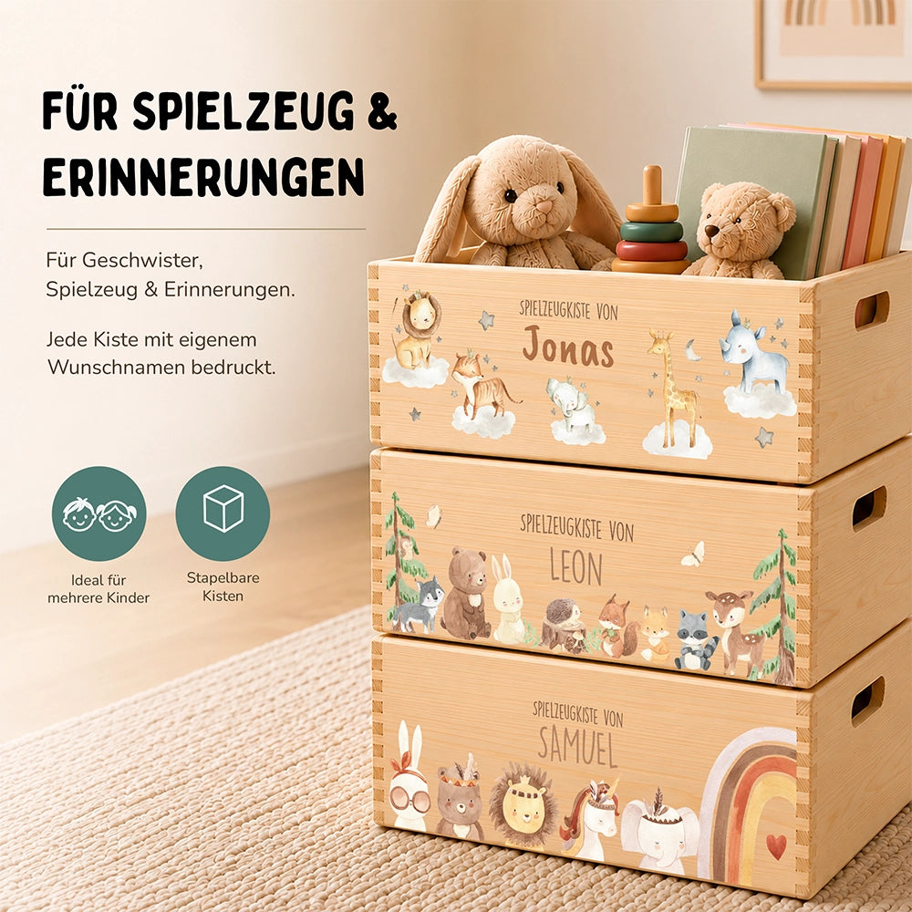 Spielzeugkiste personalisiert mit Namen - Wilde Safari