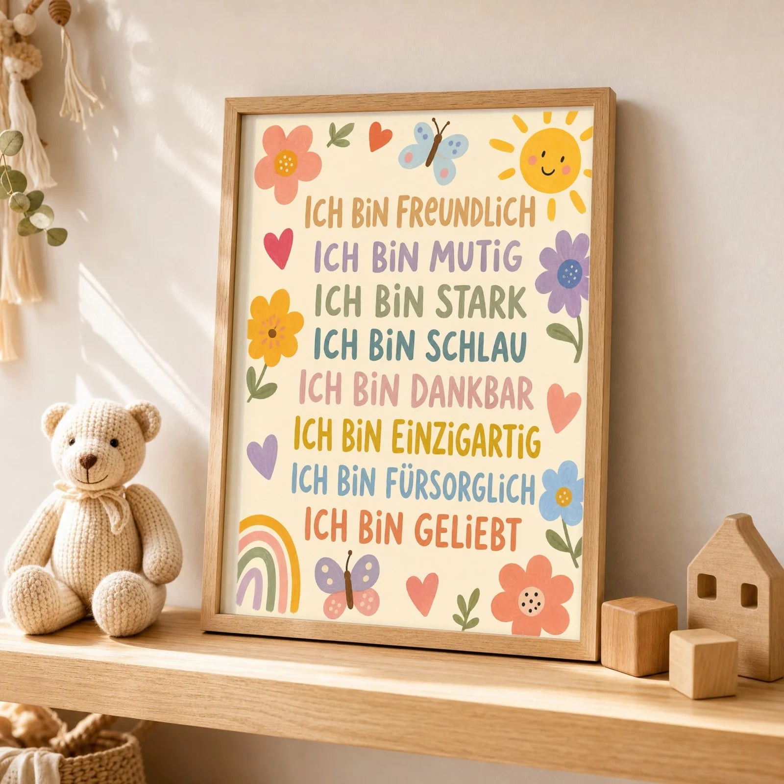 Affirmationsposter Kinderzimmer Blumenwiese Ich bin freundlich, als Wandbild über der Spielecke