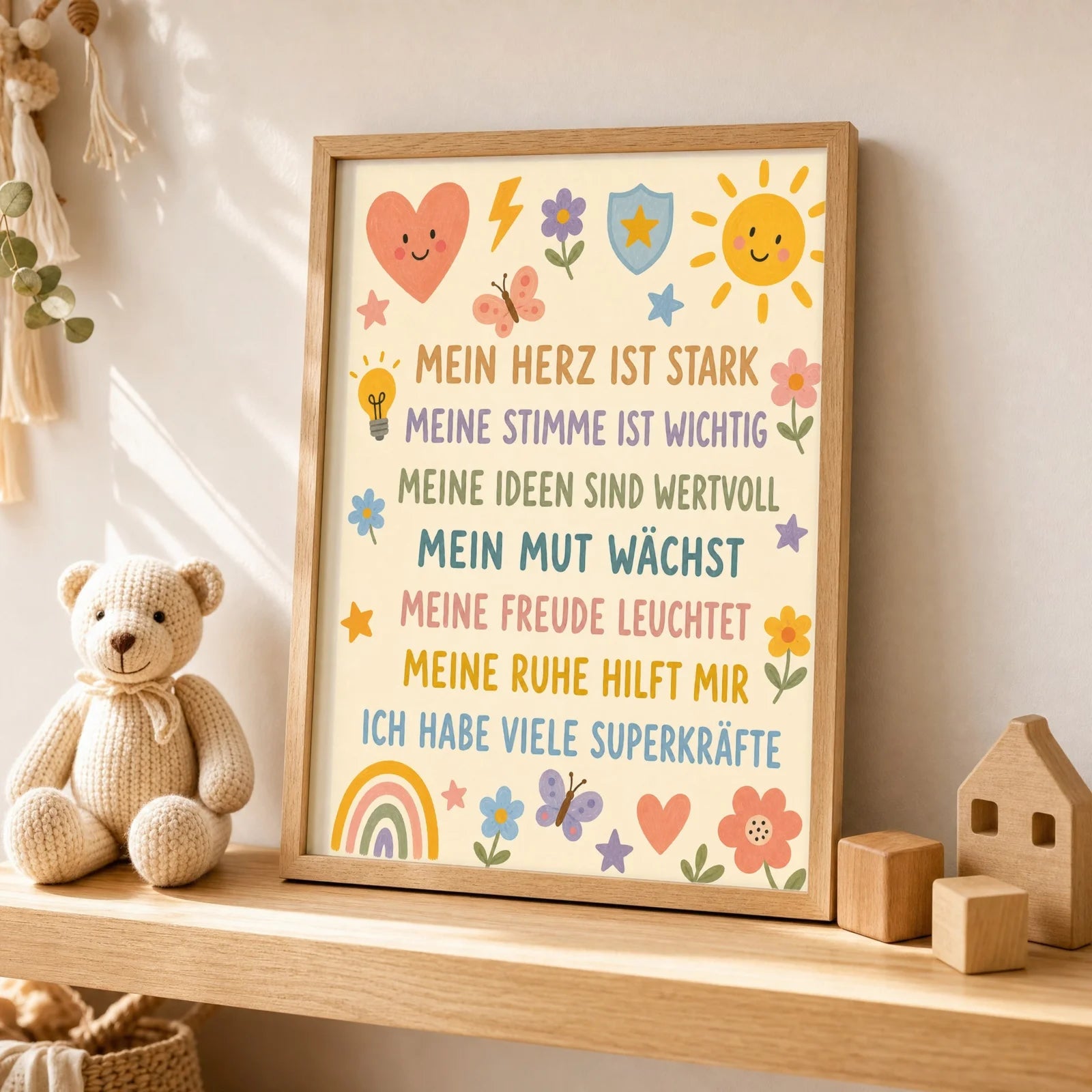 Affirmationsposter Kinderzimmer Blumenwiese Superkräfte, als Wandbild über der Spielecke