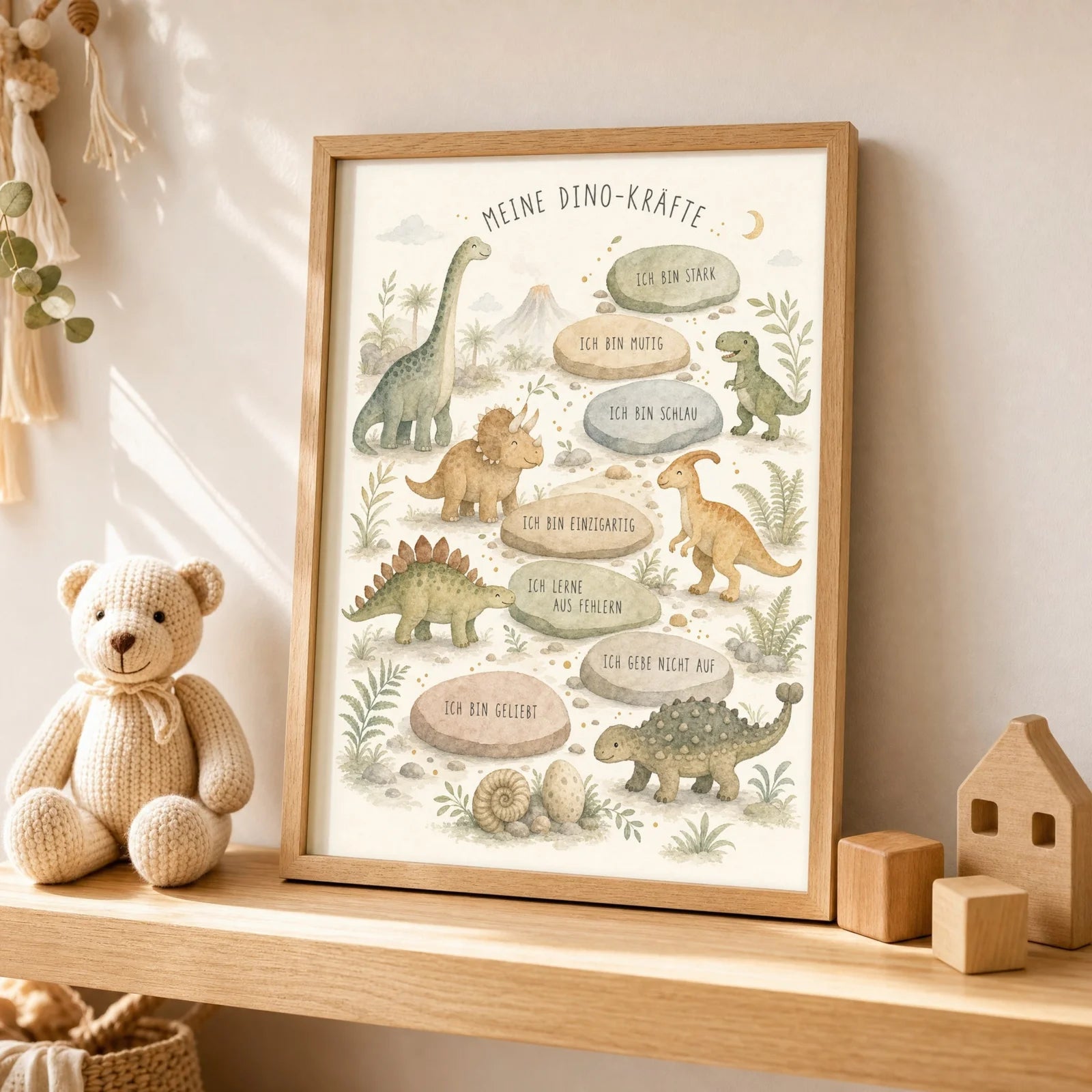 Affirmationsposter Kinderzimmer Dino-Kräfte, als Wandbild über der Spielecke