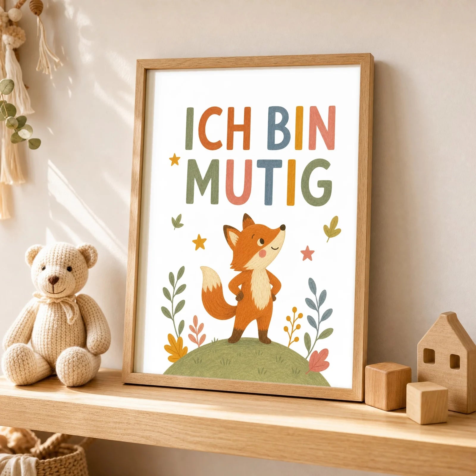 Affirmationsposter Kinderzimmer Fuchs Ich bin mutig, als Wandbild über der Spielecke