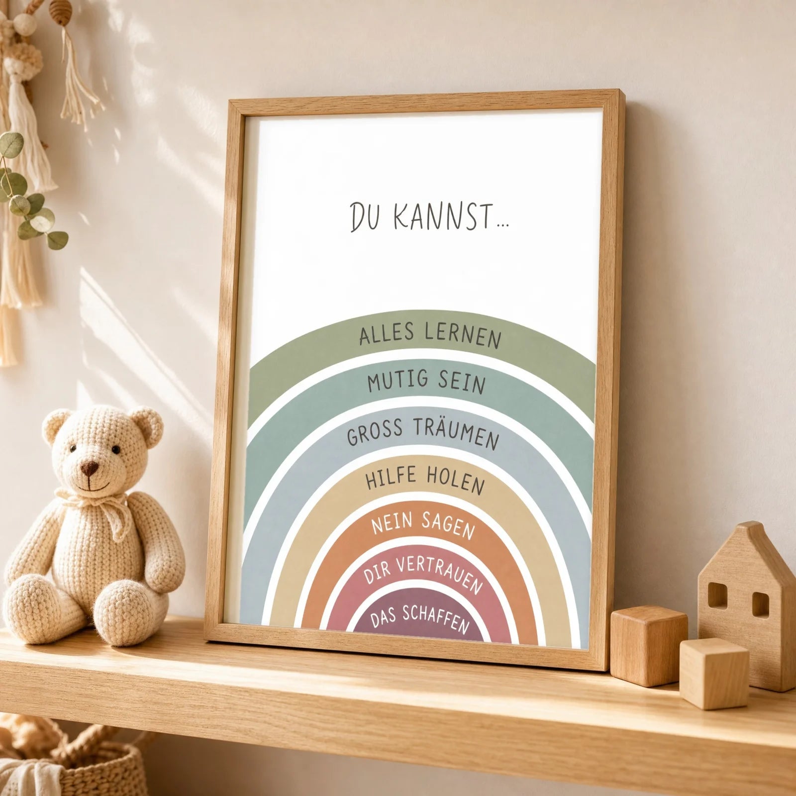Affirmationsposter Kinderzimmer Regenbogen Du kannst, als Wandbild über der Spielecke