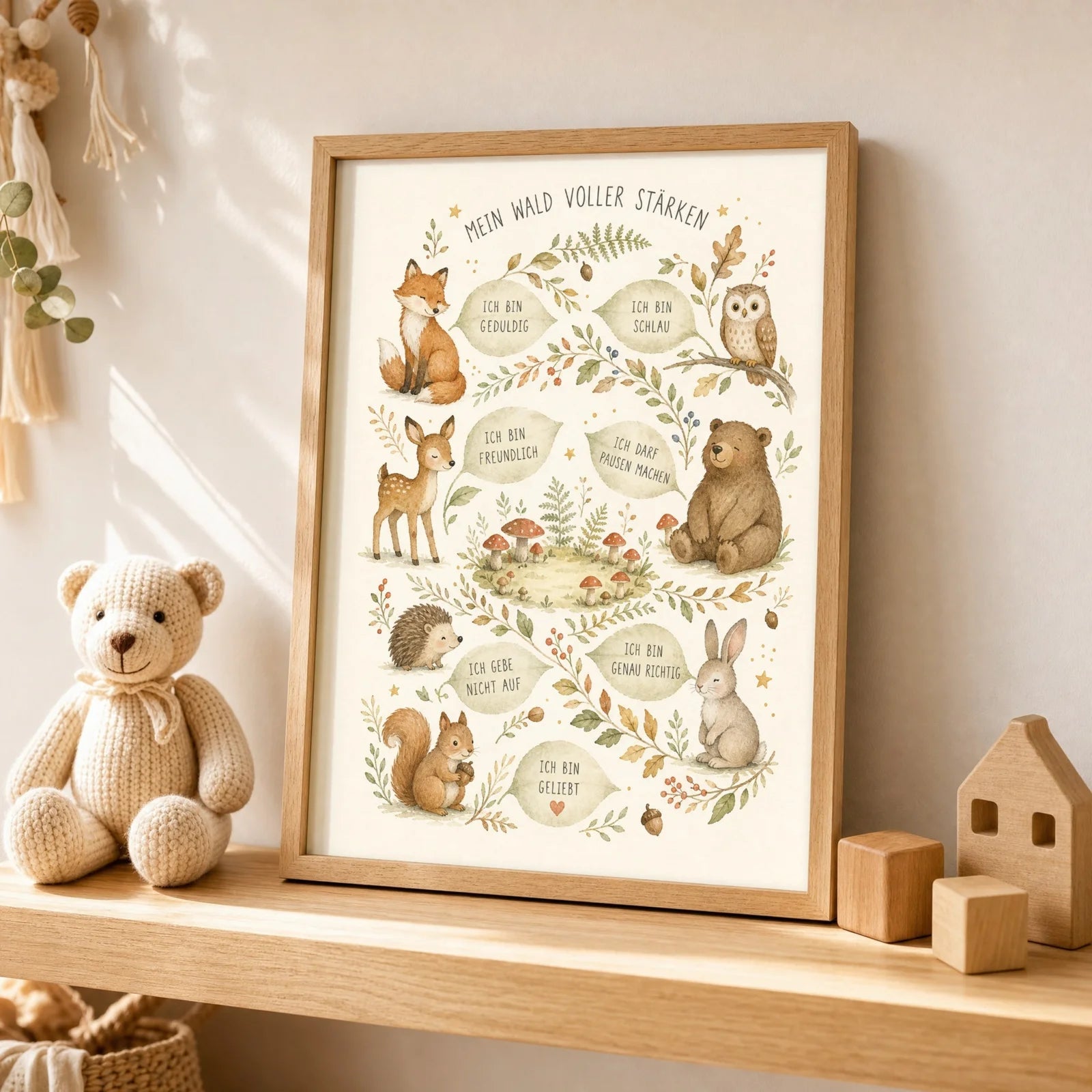 Affirmationsposter Kinderzimmer Wald voller Stärken, als Wandbild über der Spielecke